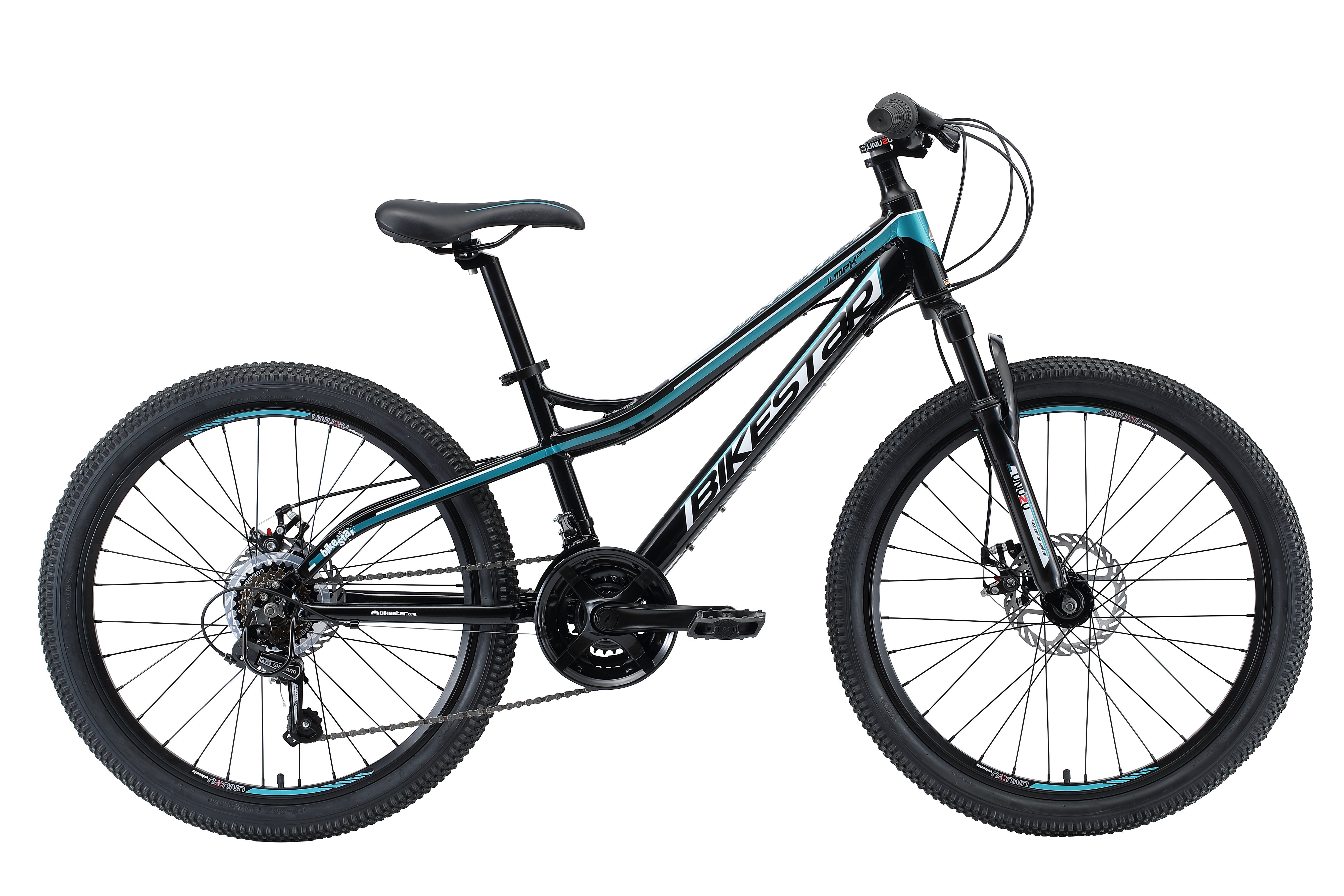Bikestar Mountainbike 24 Zoll Aluminium Kinderfahrrad, 8 - 13 Jahre, Mädchen, Jungen, 21 Gang Shimano Tourney RD-TY300 Schaltwerk, Kettenschaltung, Scheibenbremsen, Rahmen 33 cm, Hardtail