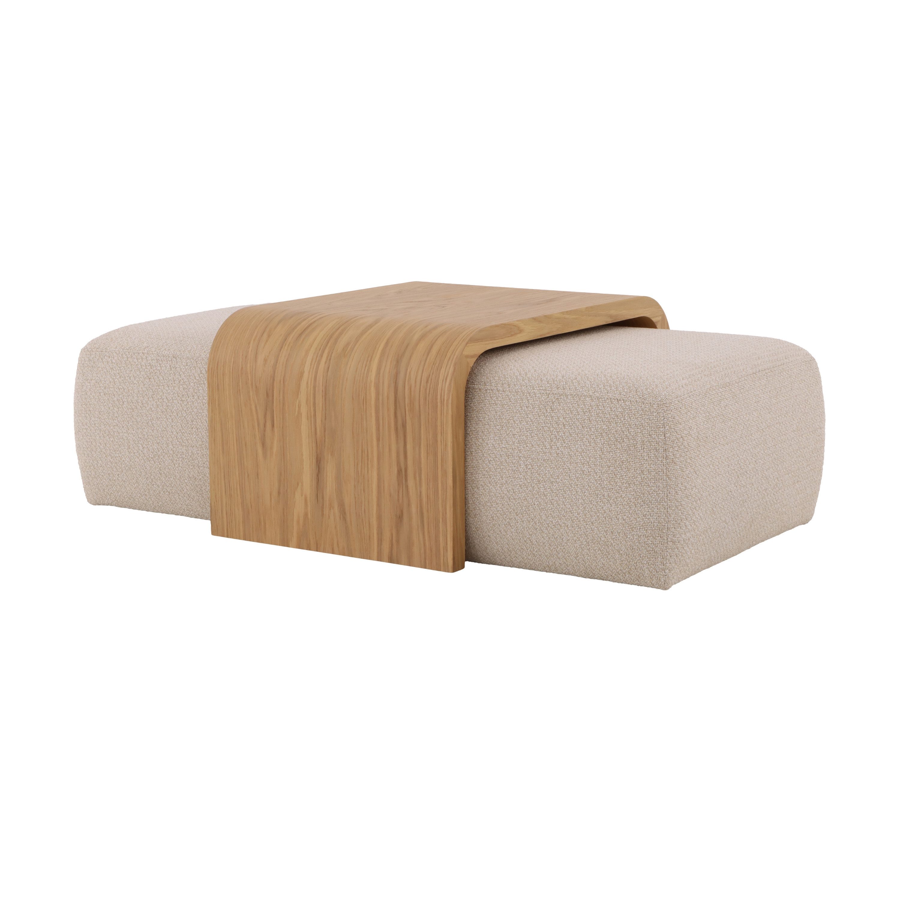 Woodek Design Couchtisch Celeste mit 2 beigen Poufs, aus massiver Eiche und beigem Stoff (Matt lackierte Oberfläche, 1-St., Couchtisch Celeste mit 2 Poufs), Vielseitig nutzbar