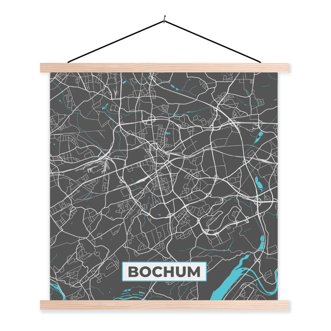 MuchoWow Poster Deutschland - Blau - Bochum - Stadtplan - Karte, (1 St), Posterleiste, Textilposter für Wohnzimmer, Bilderleiste, 40x40 cm