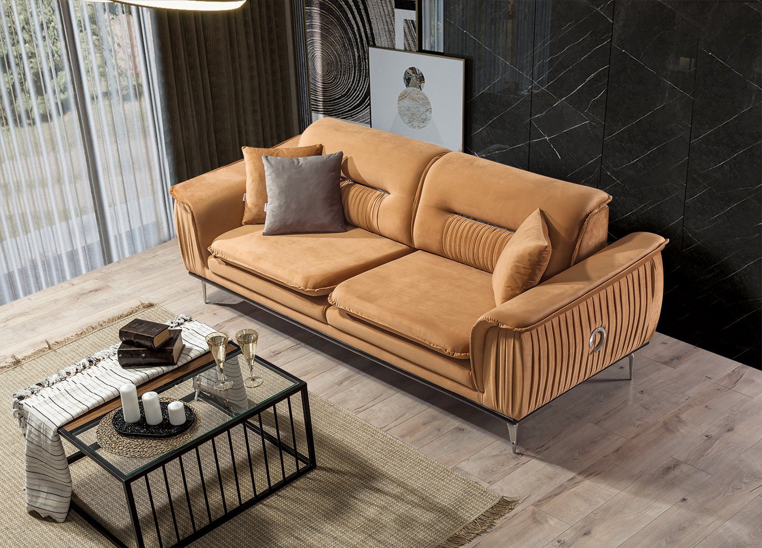 Turkey, Luxus-Microfaser Quality Sofa Bologna, 3-Sitzer, 1 Möbel Made Stk. Karamell Villa Polyester) in (100%
