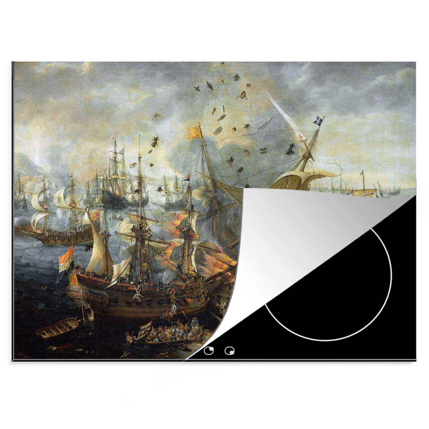 MuchoWow Herdblende-/Abdeckplatte Explosion des spanischen Admiralschiffs - Gemälde von Cornelis Claesz, Vinyl, (1 tlg), 70x52 cm, Mobile Arbeitsfläche nutzbar, Ceranfeldabdeckung
