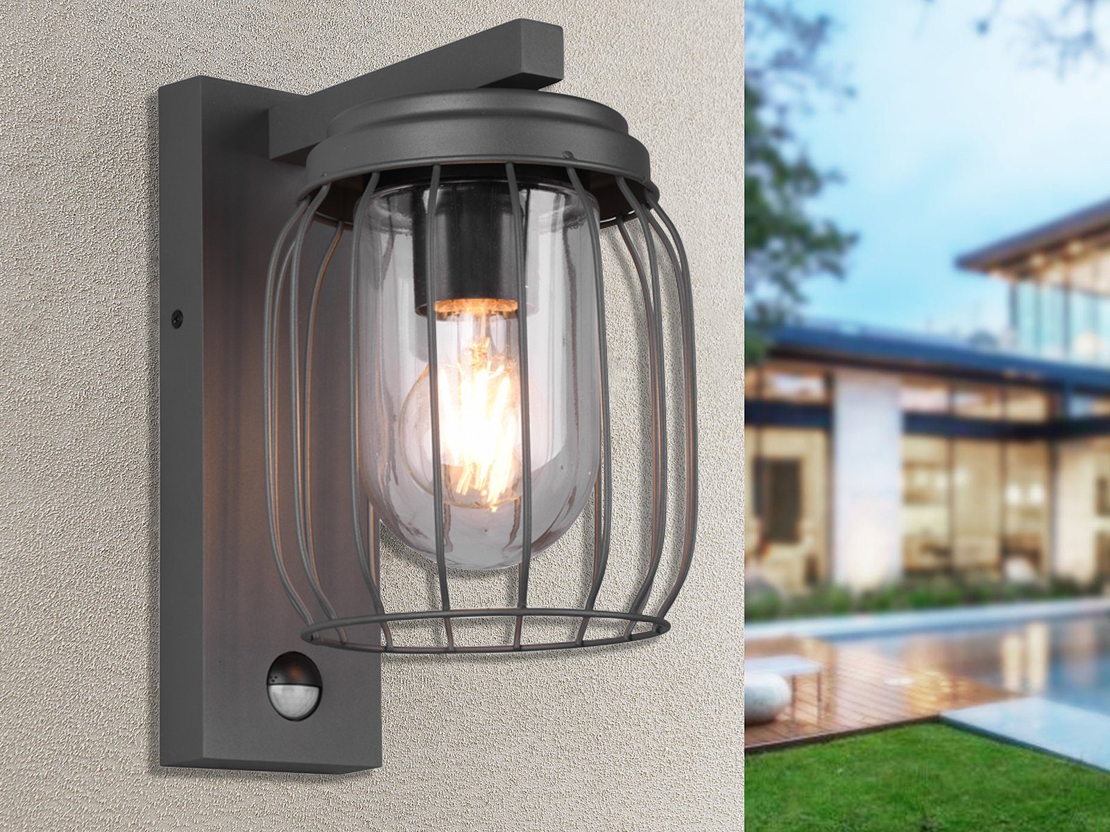 TRIO Leuchten LED Außen-Wandleuchte, Bewegungsmelder, LED wechselbar, warmweiß, Wand-Laterne mit Bewegungsmelder 28cm, Anthrazit, Hauswand & Carport