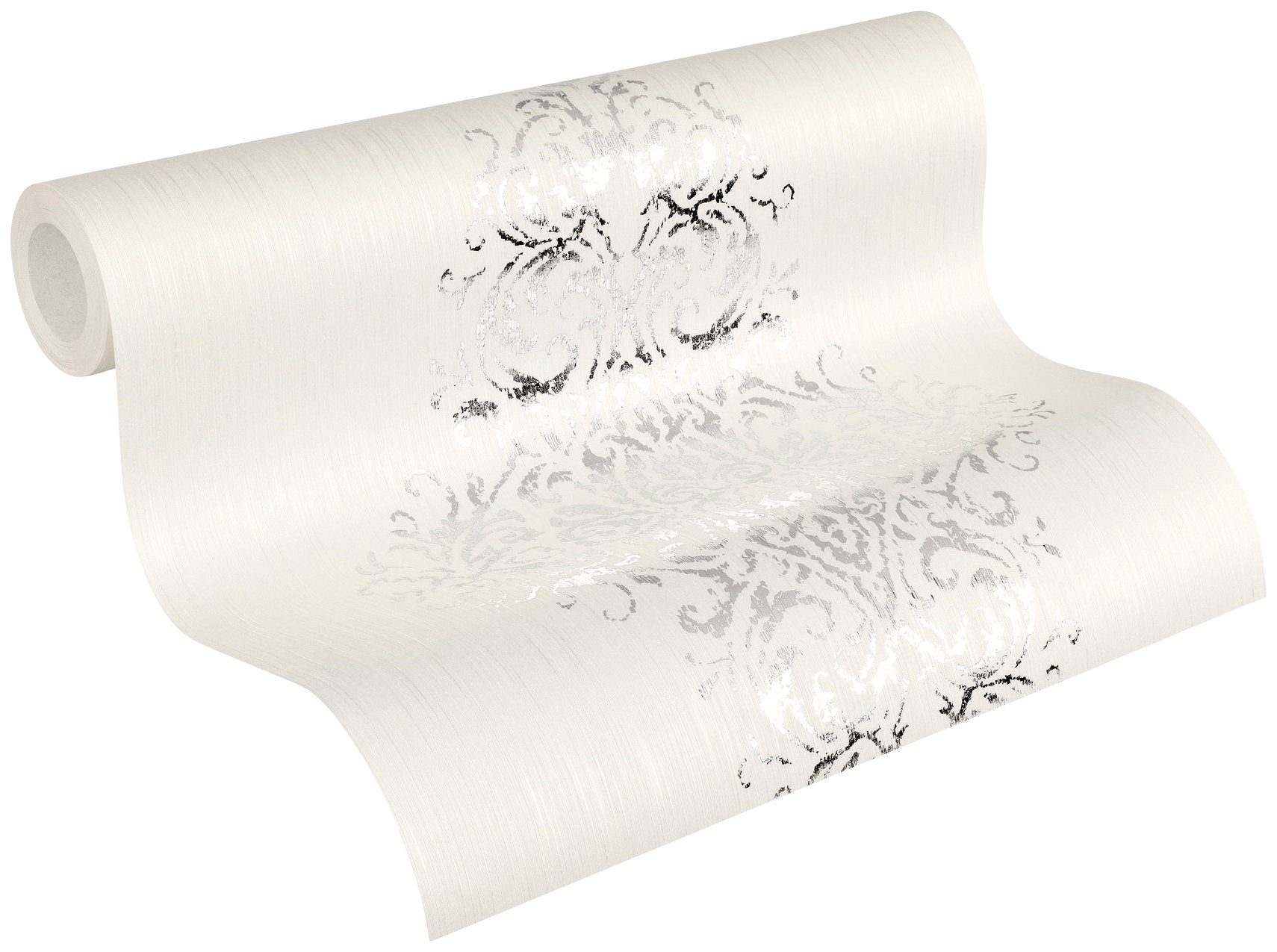 Architects Paper Textiltapete Luxury wallpaper, Tapete Textil samtig, Barock, Metallic weiß/silberfarben/blau Barock Effekt