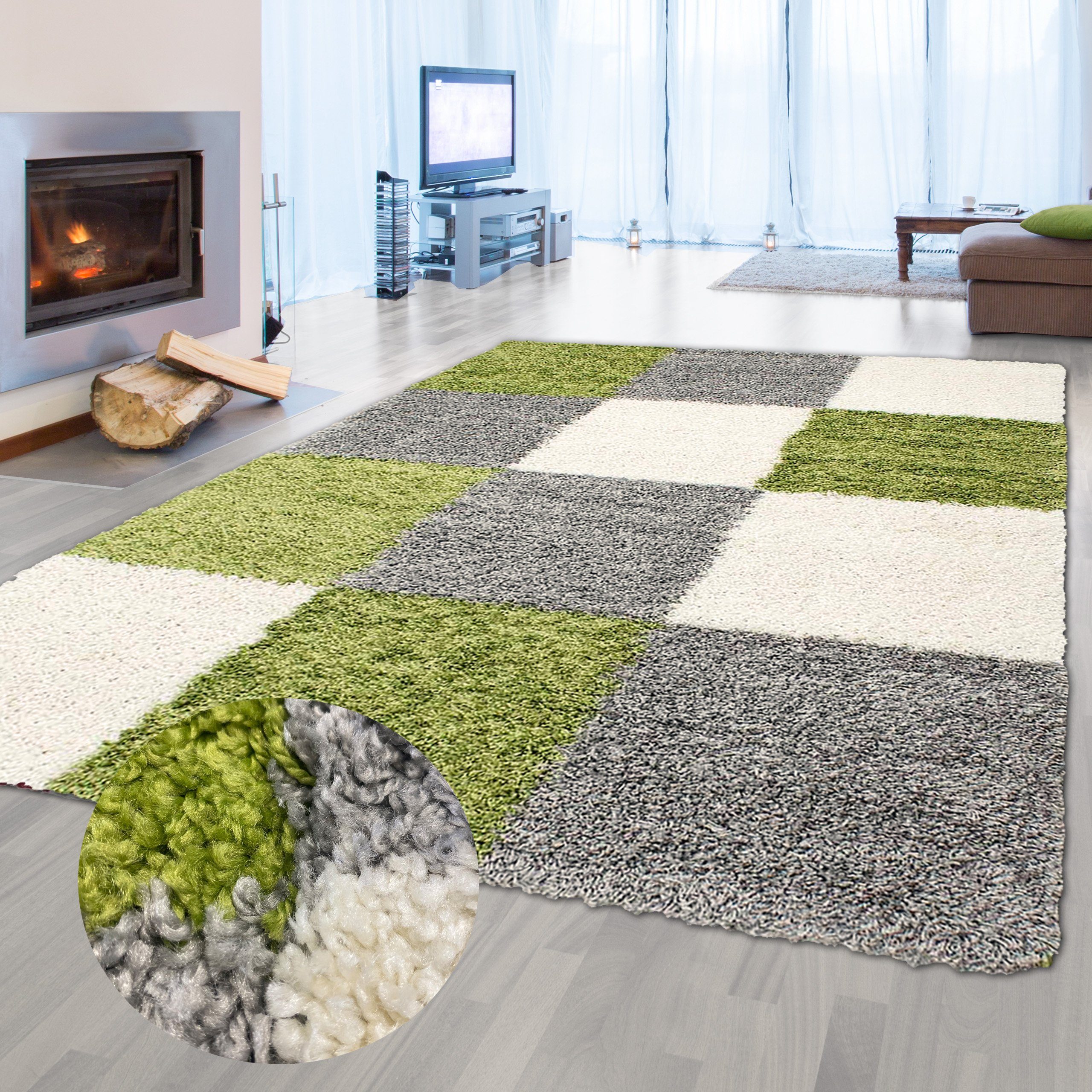 Teppich Shaggy Teppich Hochflor Wohnzimmer Karomuster grün grau creme,  Teppich-Traum, rechteckig, Höhe: 30 mm | Kurzflor-Teppiche