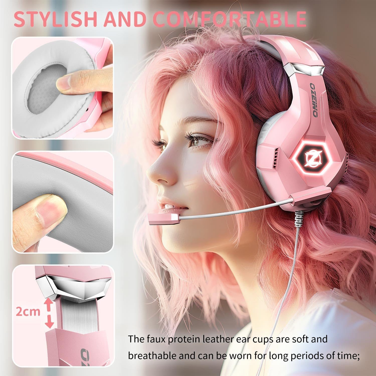 ozeino 3D Surround Sound Kopfhörer mit Mikrofon für Konsolen Gaming-Headset (Komfortable, atmungsaktive Ohrpolster und verstellbarer Kopfbügel bieten perfekten Sitz bei langen Gaming-Sessions., Noise Cancelling Headset mit RGB Licht für PC und Laptop)