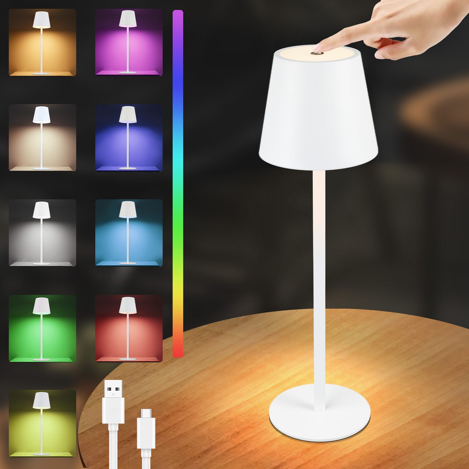 ZMH Tischleuchte USB Kabellos Dimmbar RGB Whonzimmer Bettlampe für Schreibtisch, Geeigenet für Außenbereiche, LED fest integriert, RGB, LED 3 Farben + 6 RGB Farben ‎Farbwechsel, Metall Aufladbar