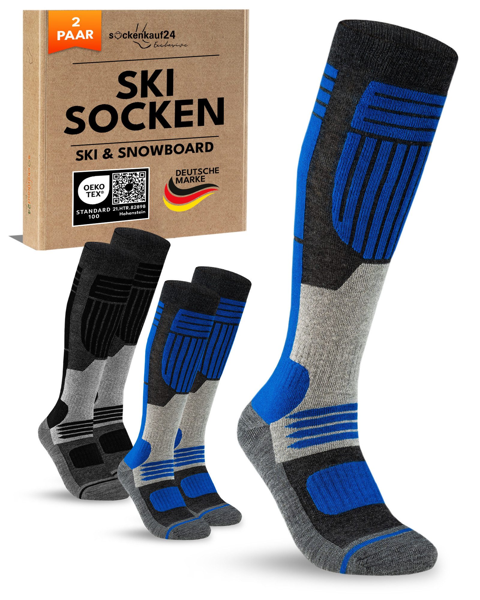 sockenkauf24 Skisocken Merino Herren 2 Paar Ski Kniestrümpfe Merinowolle (2-Paar) atmungsaktive Skisocken mit verstärkten Belastungszonen