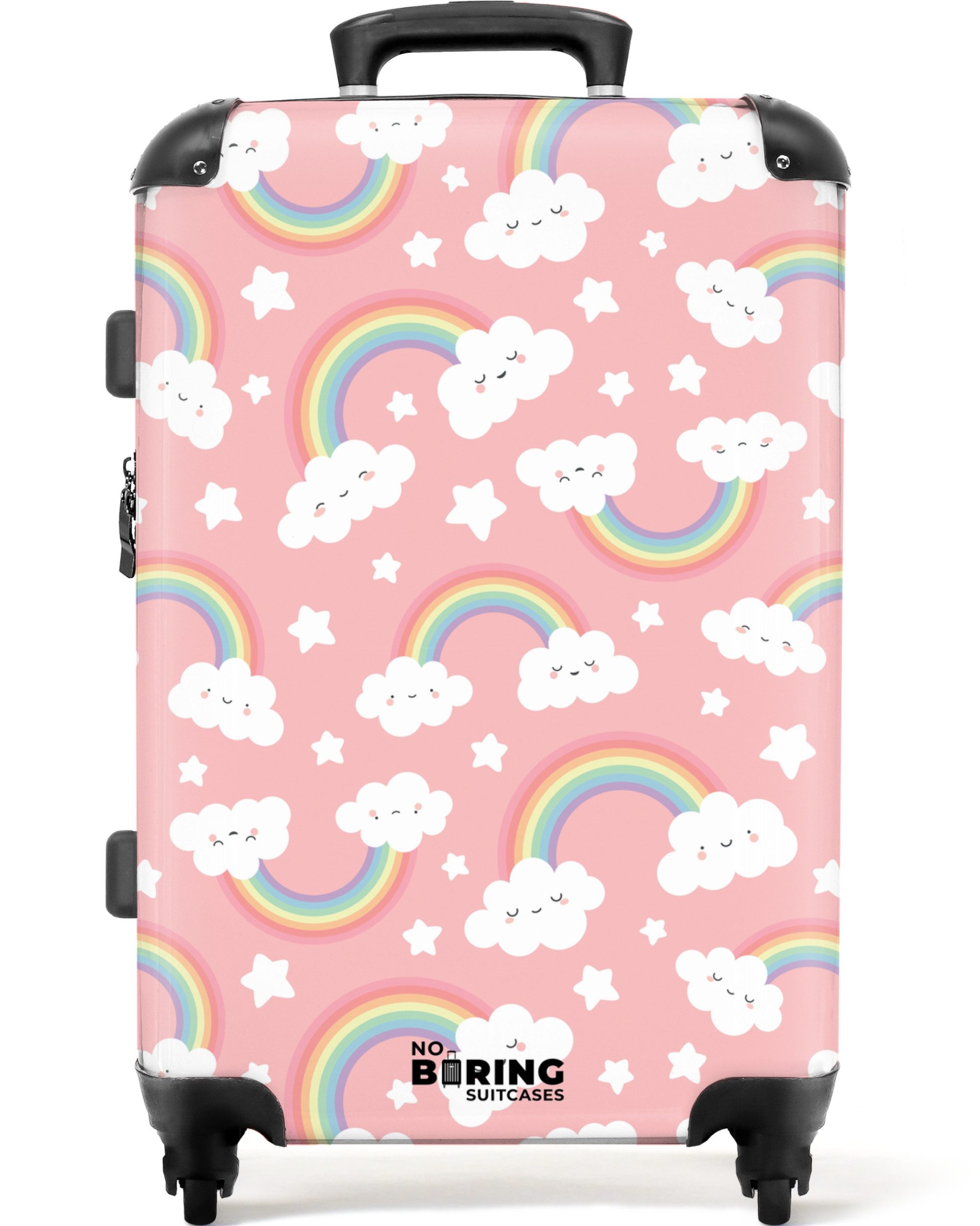 NoBoringSuitcases.com© Kinderkoffer mit leuchtende Räder - Regenbögen - Wolken - Gesichter 67 cm - 72 L, 4 Rollen, Koffer Mittelgroß für 20kg, Suitcase für Erwachsene, Reisekoffer
