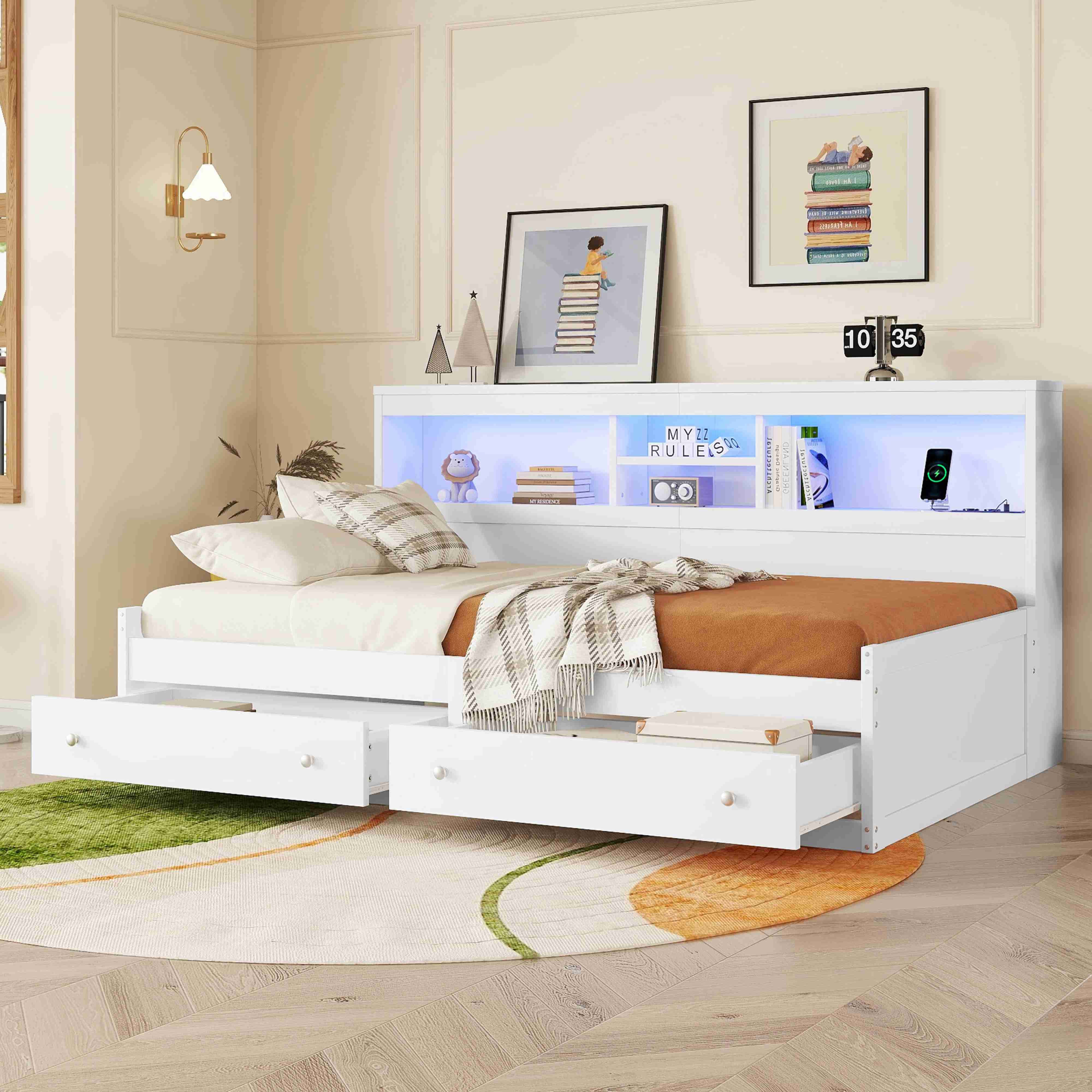 BlingBin Schlafsofa Daybett Multifunktionales Tagesbett Spanplatte+MDF Ohne Matratze, 1 Teile, Mit Ambiente-Licht, USB-Steckdosen & Stauraum, Weiß/Natur