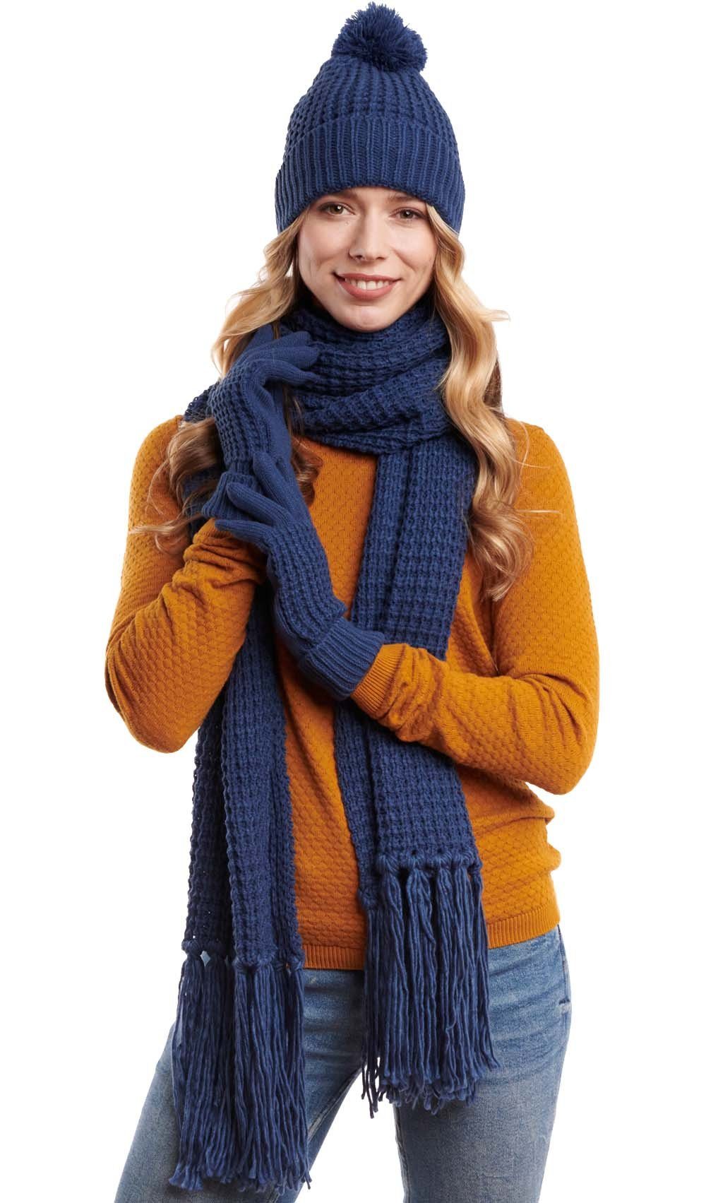 Hilltop Strickmütze Winterset 3-Teilig aus Strickschal, Strickmütze und Handschuhen Jeans