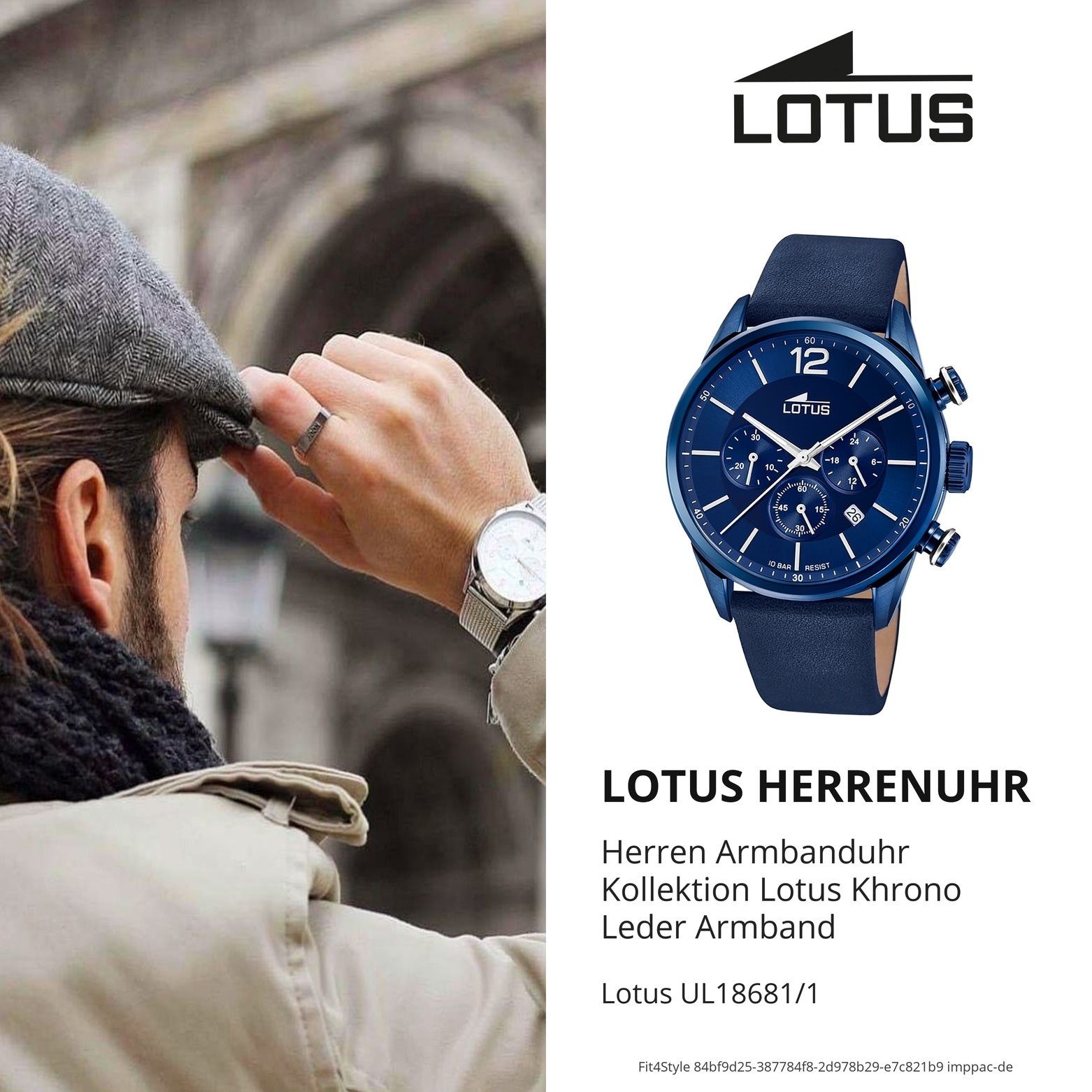 Lotus Quarzuhr LOTUS Herren Uhr (ca. Leder, rund, Sport groß blau 18681/1 43mm) Herrenuhr Lederarmband