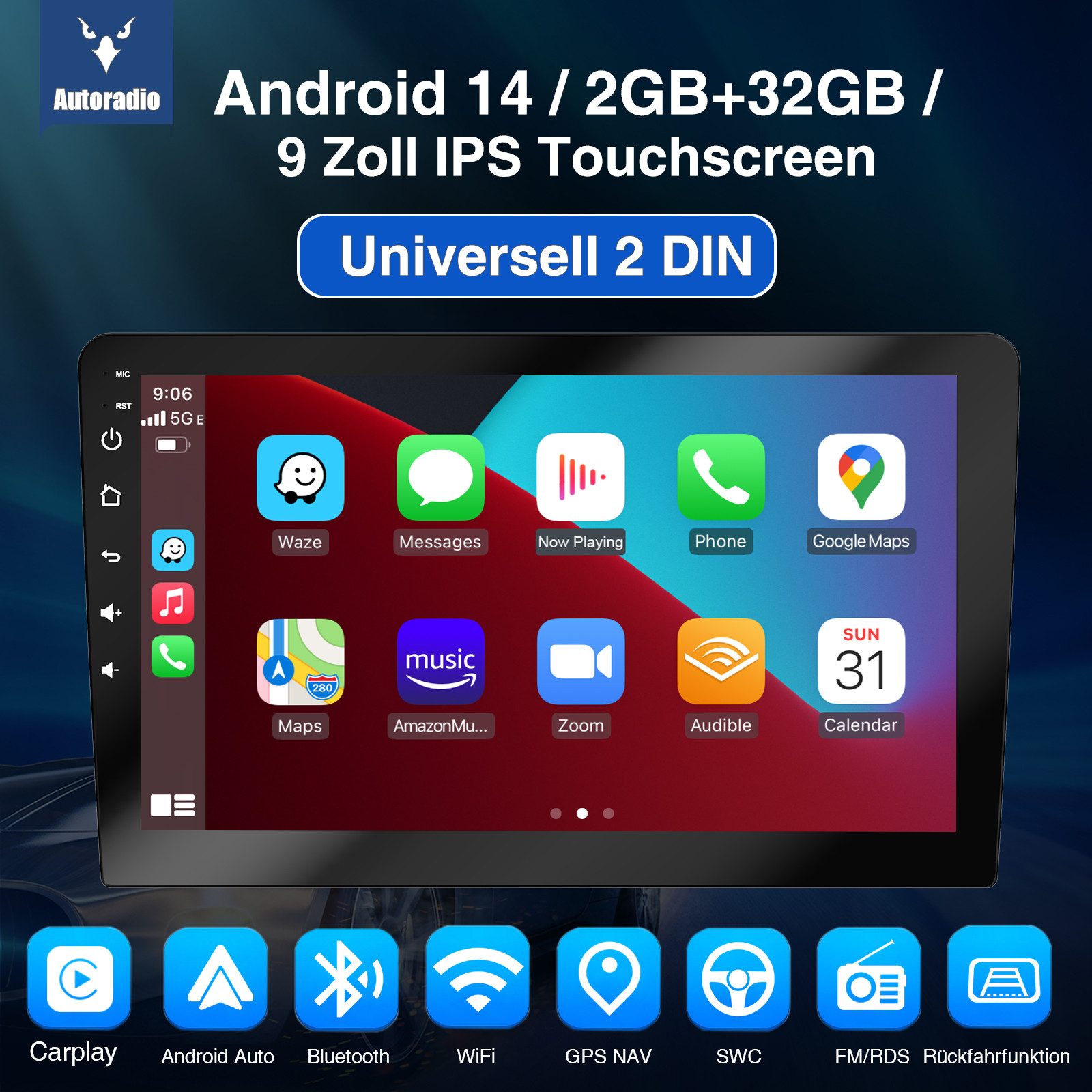 ESSGOO 9/10 Zoll Doppel 2 DIN Android 14 Wireless Carplay Android Auto Autoradio (DAB+ (optional), FM, RDS, 4+64GB(optional), FM RDS Bluetooth EQ USB GPS Navi W – Bild 2 von 5