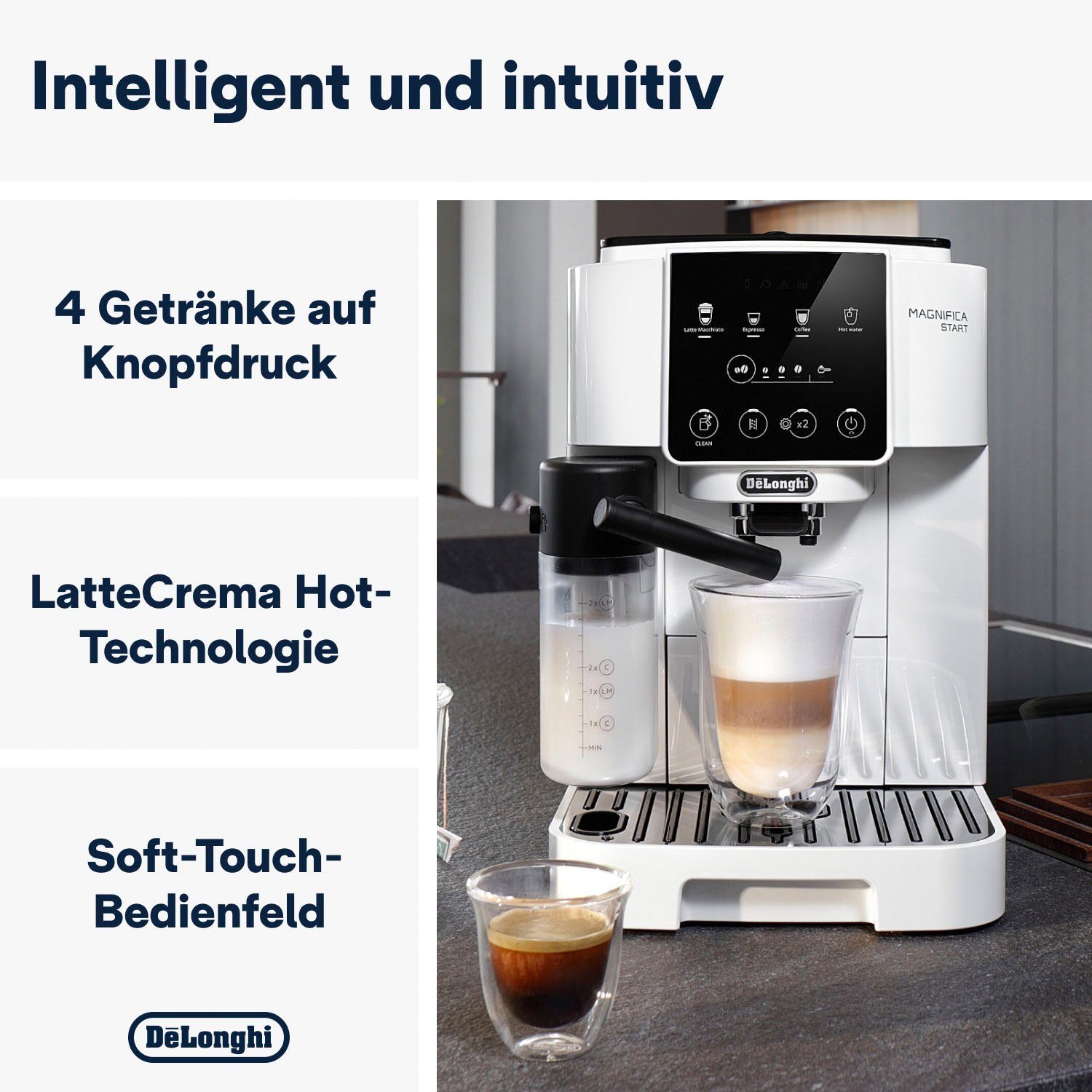 De'Longhi Kaffeevollautomat Magnifica Start ECAM220.61.W - 4 Rezepte, perfekter Milchschaum, weiß, 250g-Bohnenbehälter + Behälter für Filterkaffee, autom. Reinigung