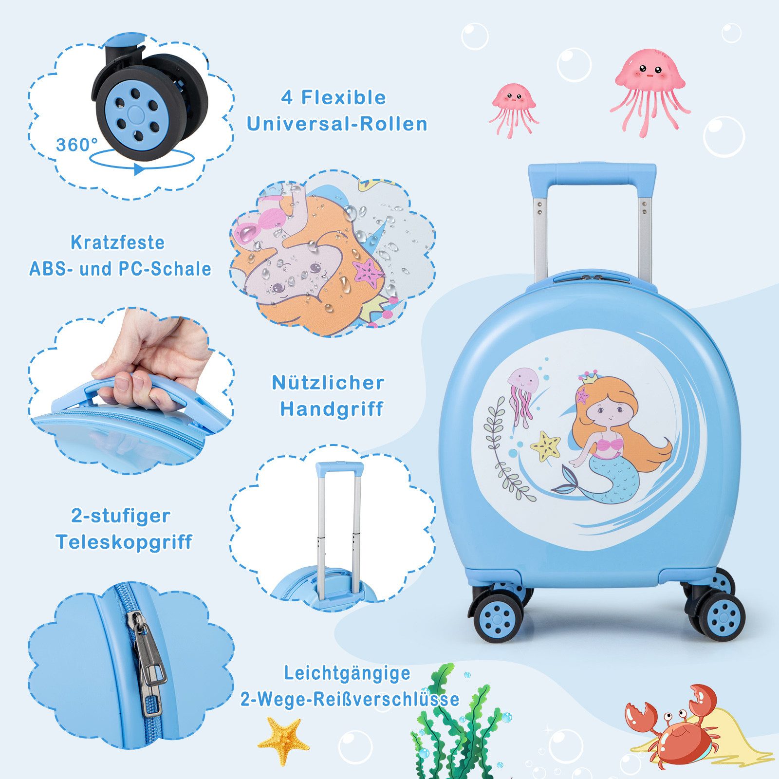 COSTWAY Kinderkoffer, 4 Rollen, 4 TLG. 14”+10” 35L Kindertrolley, Handgepäck