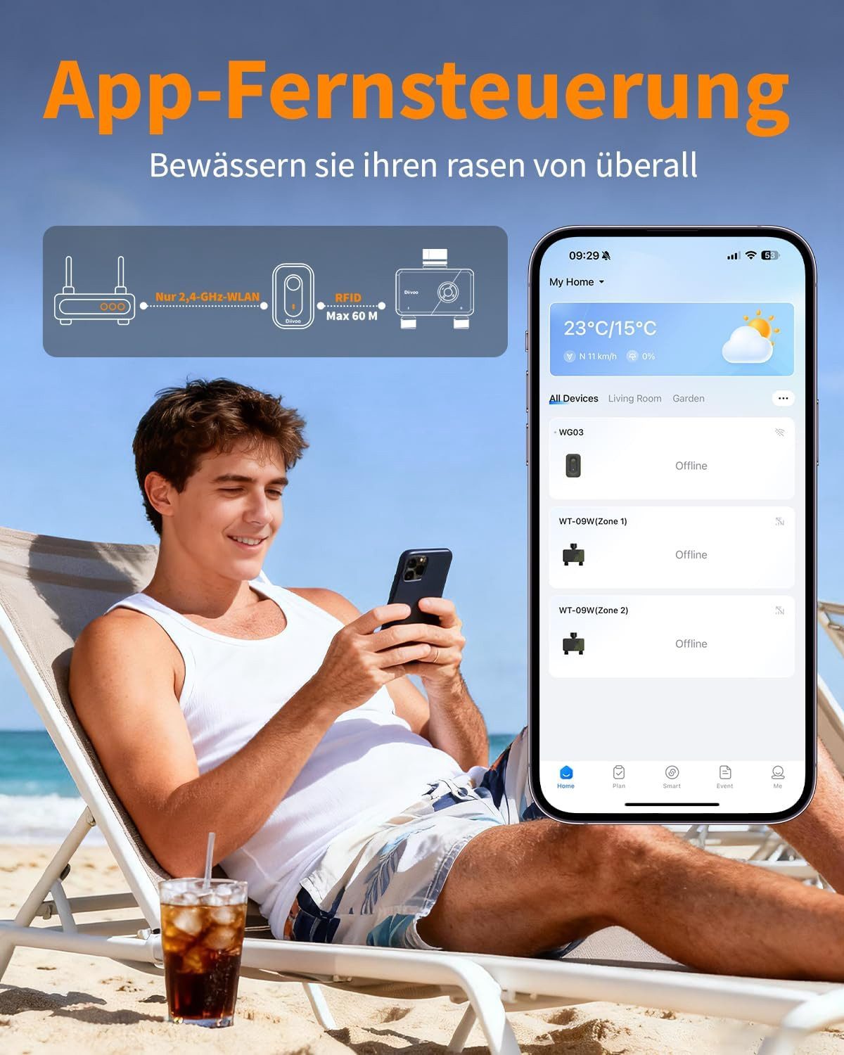 Diivoo Bewässerungssystem Bewässerungscomputer 4 Ausgänge WLAN mit Messingeinlass mit WLAN, APP
