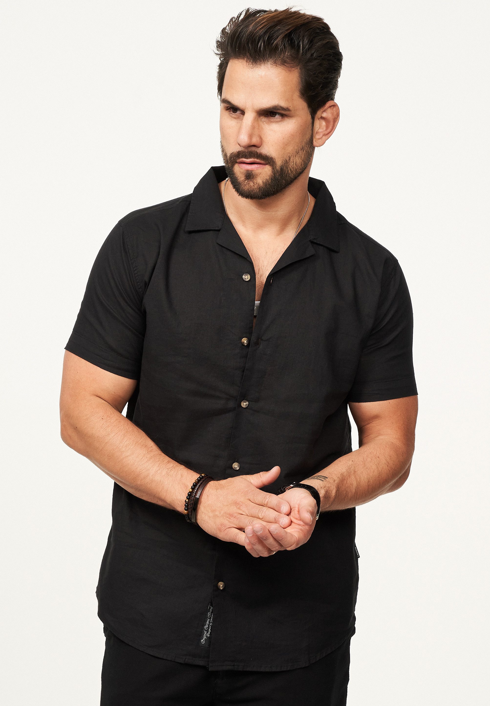 behype Kurzarmhemd aus Leinen Sommerhemd im Regular-Fit Herren Leinenhemd Freizeithemd mit offenen Reverskragen – Bild 2 von 5