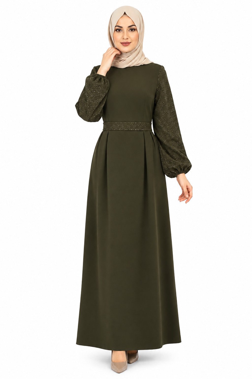 fashionshowcase Maxikleid Damen festlich A-Linie Krepp mit Pailletten Ärmeln gefüttert lang festlicher Look, Taillendetail, gefüttert, fällt 1 Größe kleiner aus