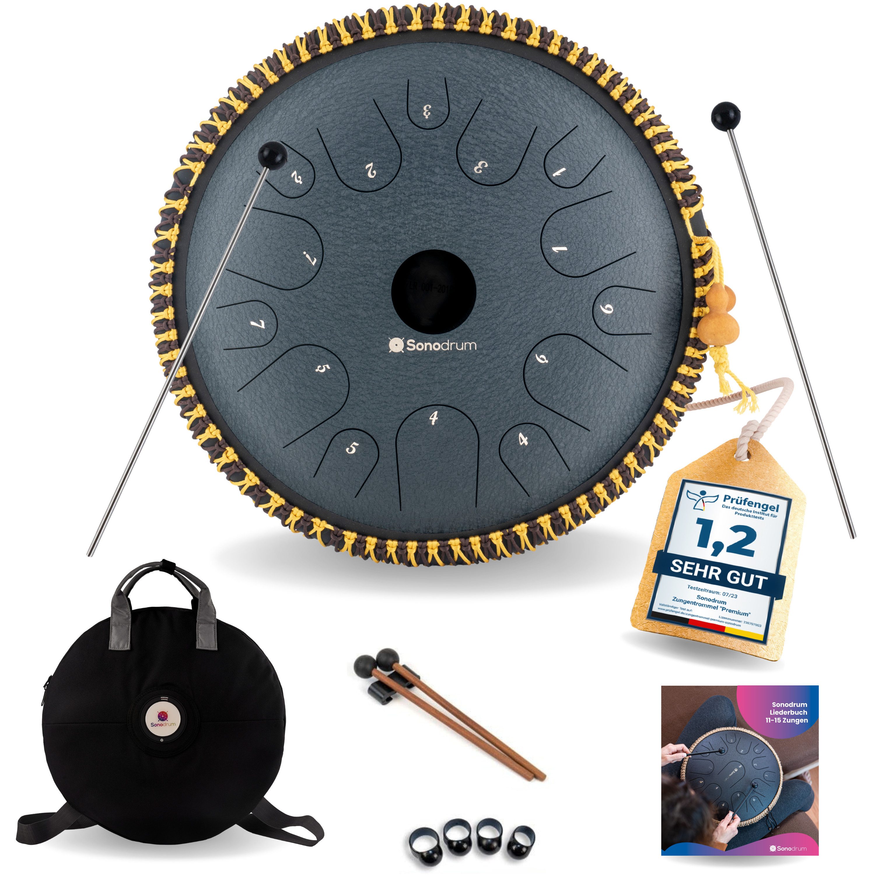 Sonodrum Steel Tongue Drum "Exclusive", C-Dur, 38 cm, 14 Zungen inkl. Liederbuch und Tragetasche