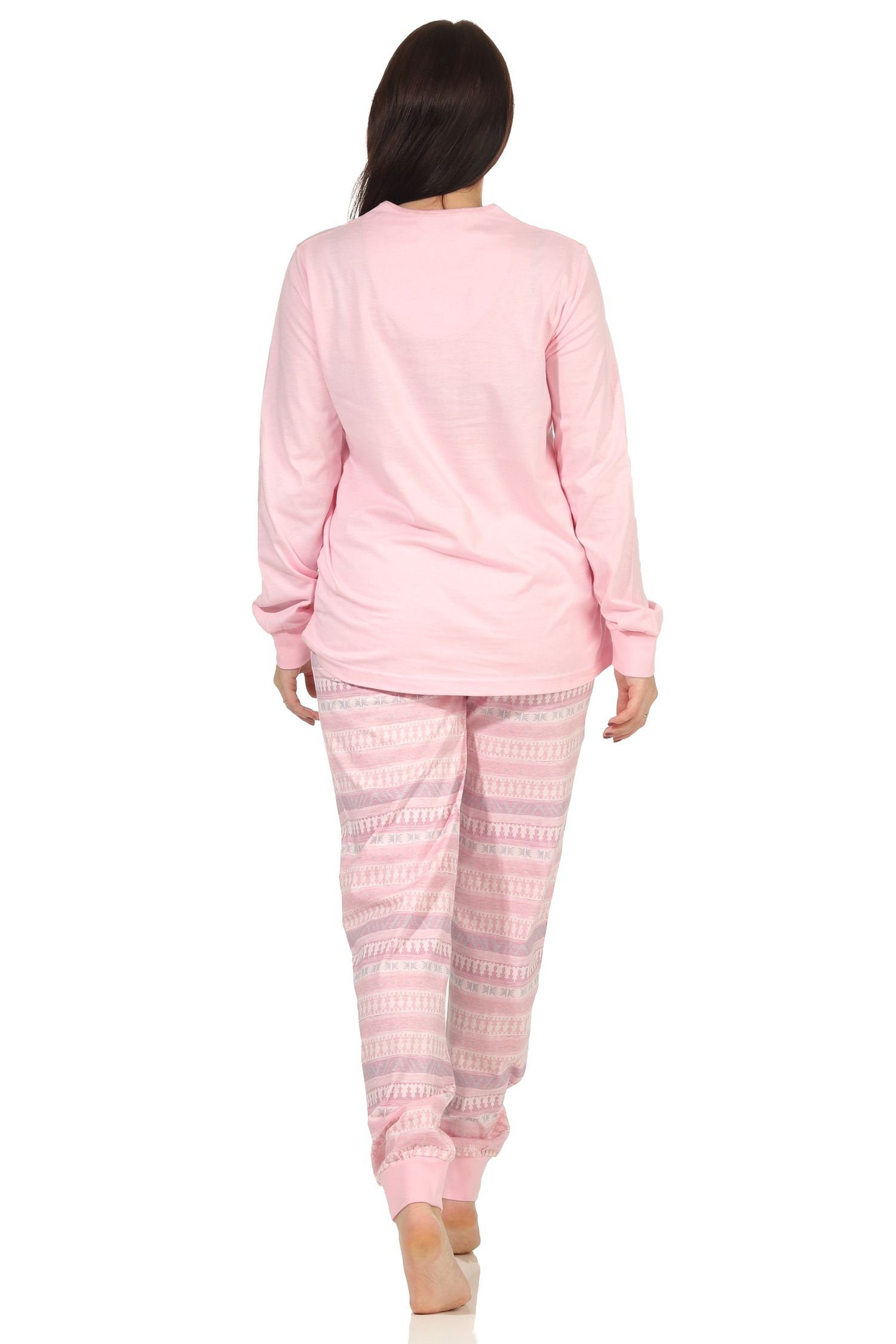 Normann Pyjama langarm Schlafanzug Damen Ethnolook mit rosa Pyjama Bündchen im