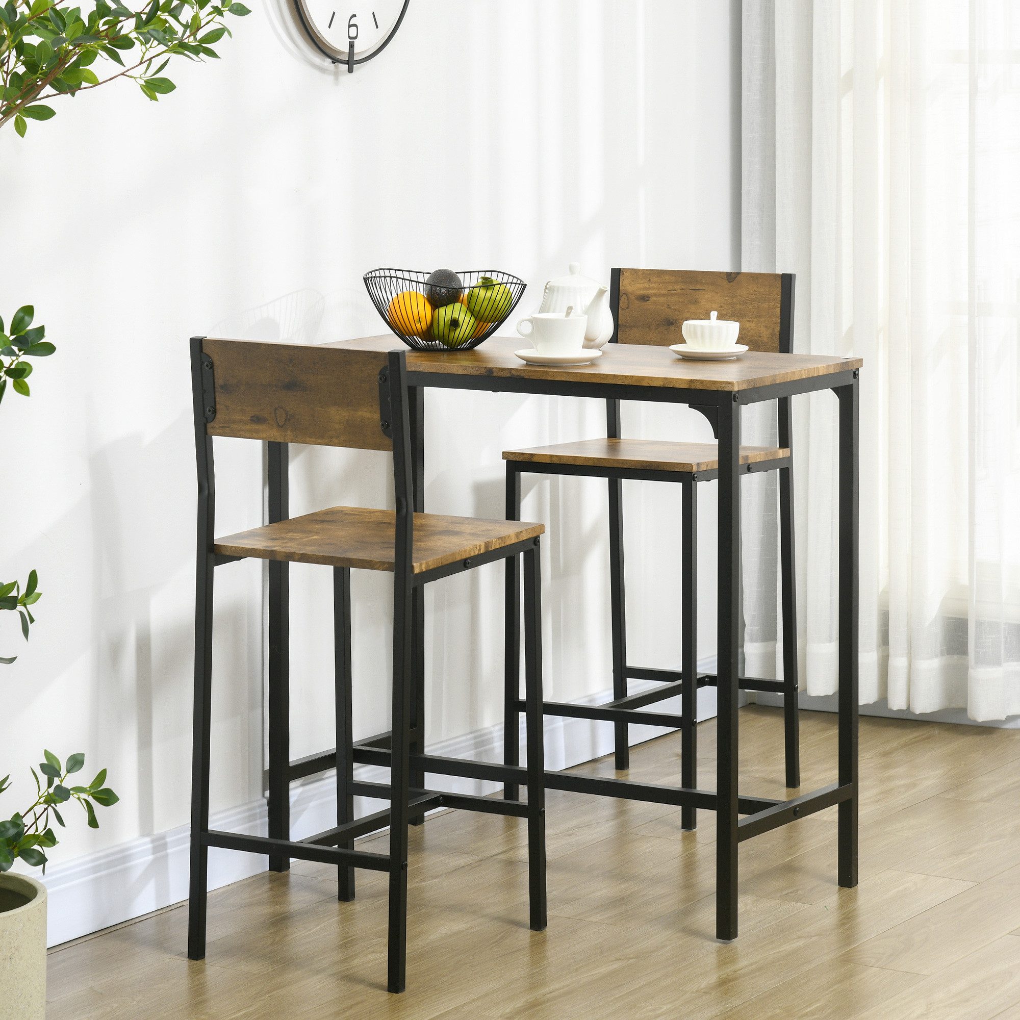 HOMCOM Bargruppe Bartisch Set Esstisch mit 2 Stühlen mit Rückenlehne, rustikal-braun, (Esstisch, 3-tlg., Esstisch mit 2 Stühlen), für Esszimmer, Küche, Rustikal-Braun