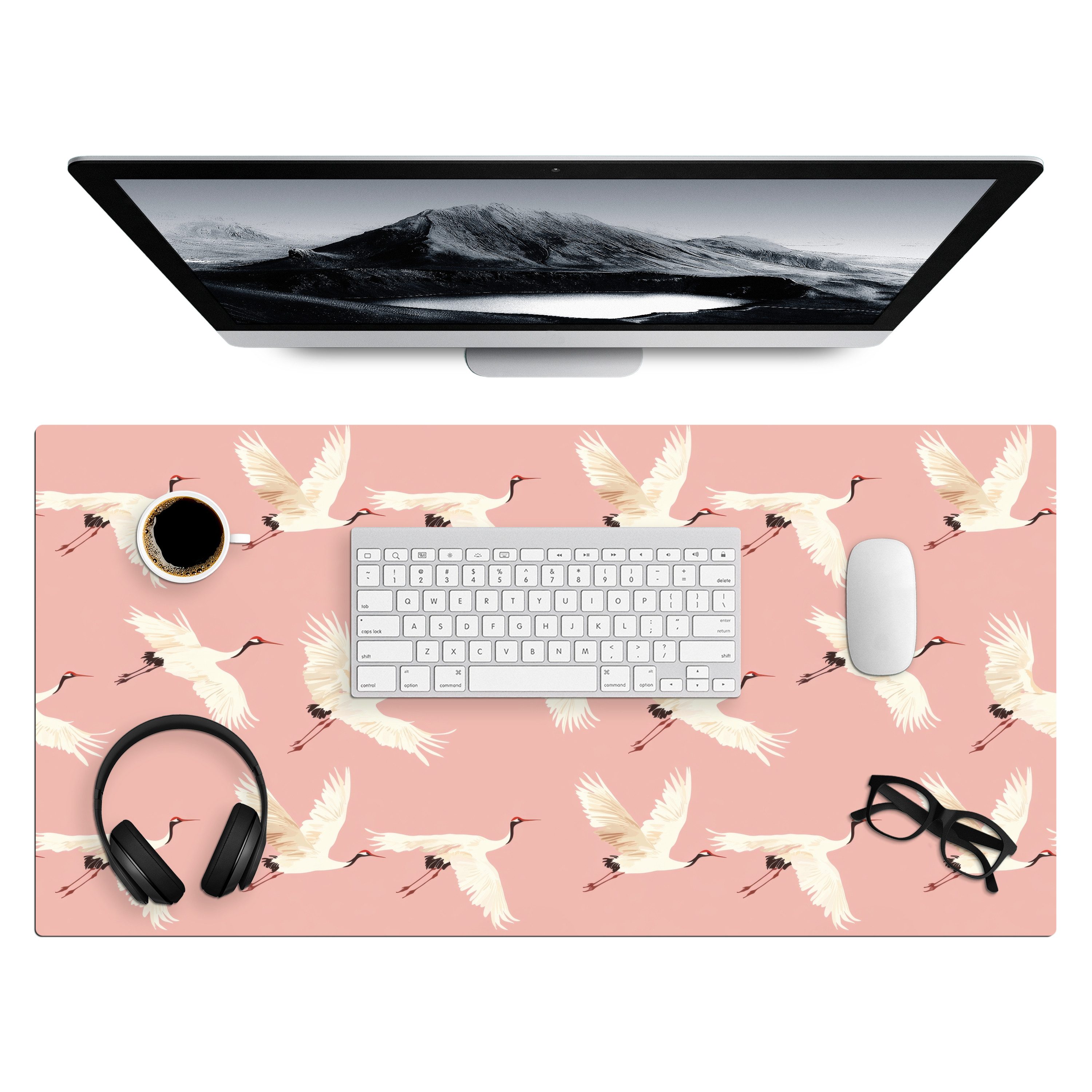 MuchoWow Gaming Mauspad Modern - Kraniche - Rosa (1-St), Gaming Mauspad XXL, Schreibtischunterlage, Desk Mat Groß, 80x40 cm