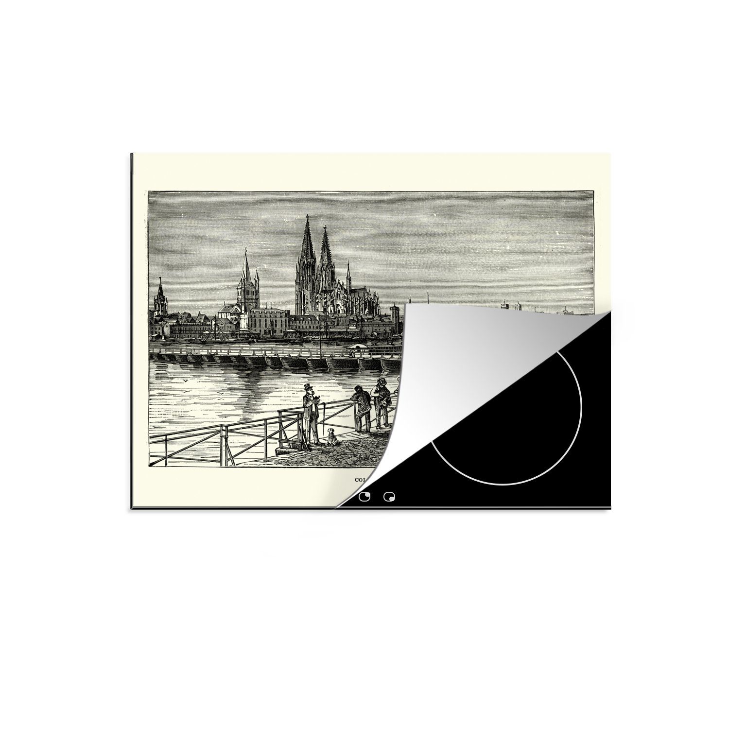 MuchoWow Herdblende-/Abdeckplatte Vintage-Illustration des jahrhundertealten Kölner Doms, Vinyl, (1 tlg), 60x52 cm, Mobile Arbeitsfläche nutzbar, Ceranfeldabdeckung