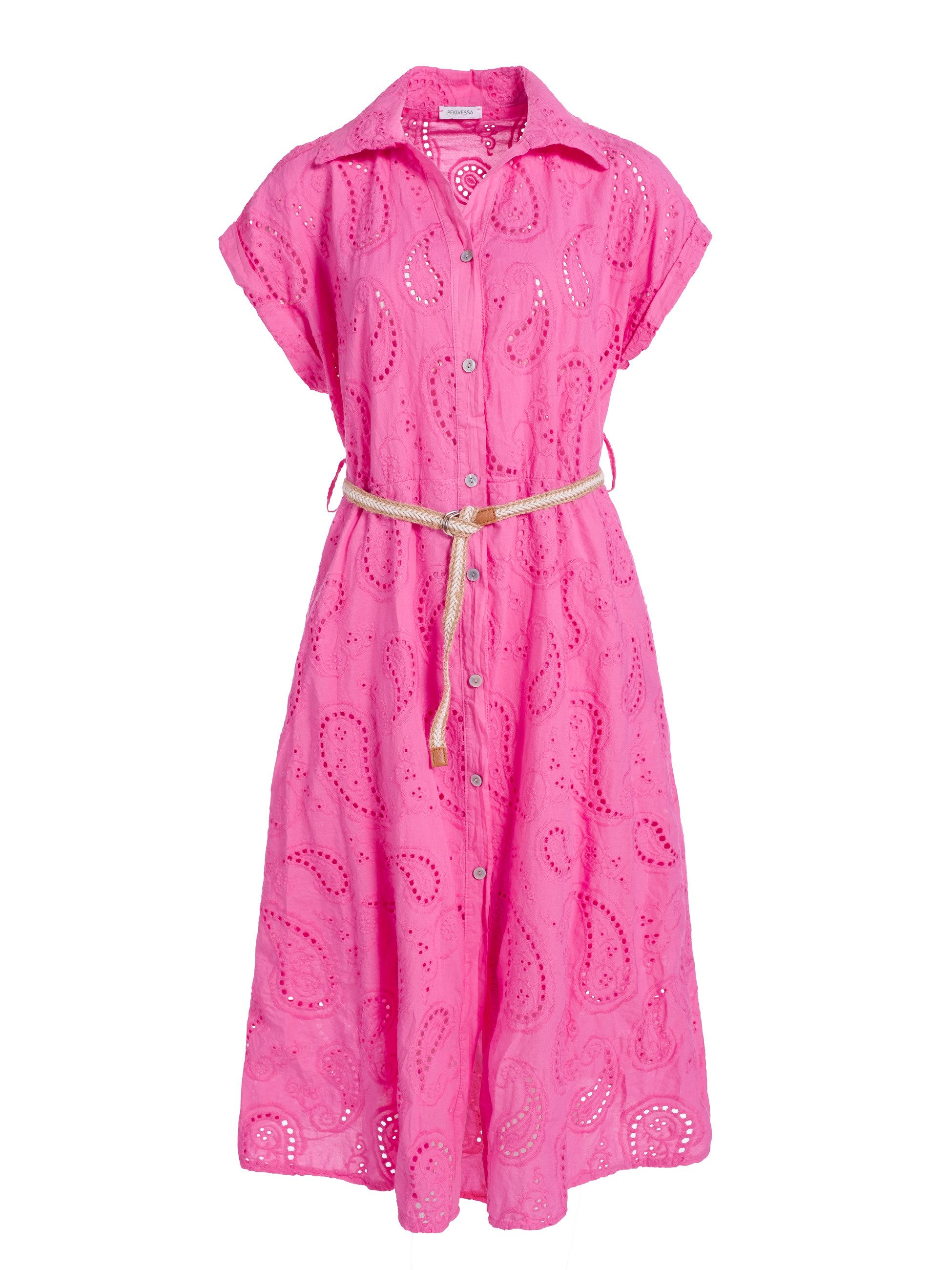 PEKIVESSA Sommerkleid Hemdblusenkleid mit Lochstickerei und Gürtel in Midilänge