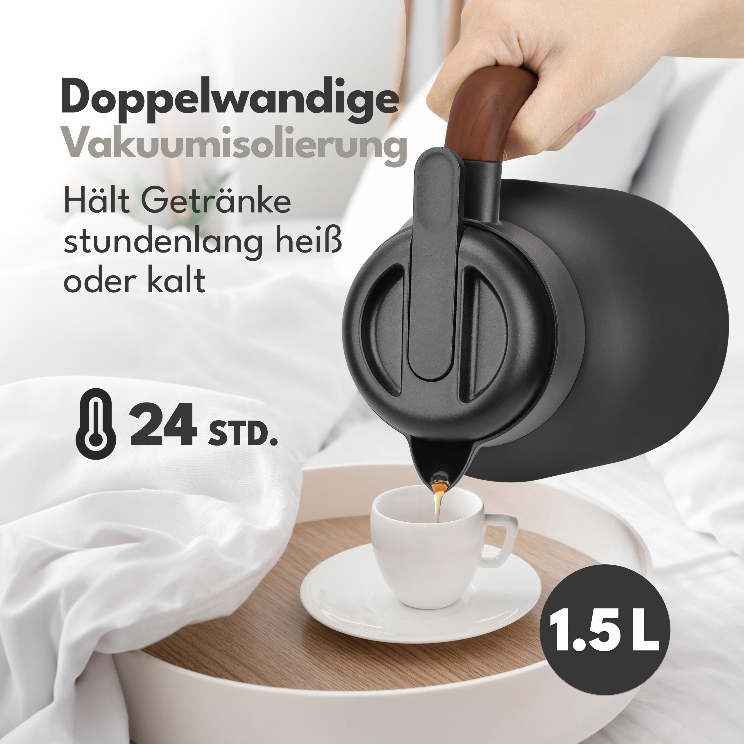 Lebenlang Isolierkanne 1,5L Thermoskanne inkl. Teesieb - Kaffee & Tee - Heiß & Kalt, 1.5 l, Innenwand aus Keramikbeschichtung, Auslaufsicher, Drehdeckel