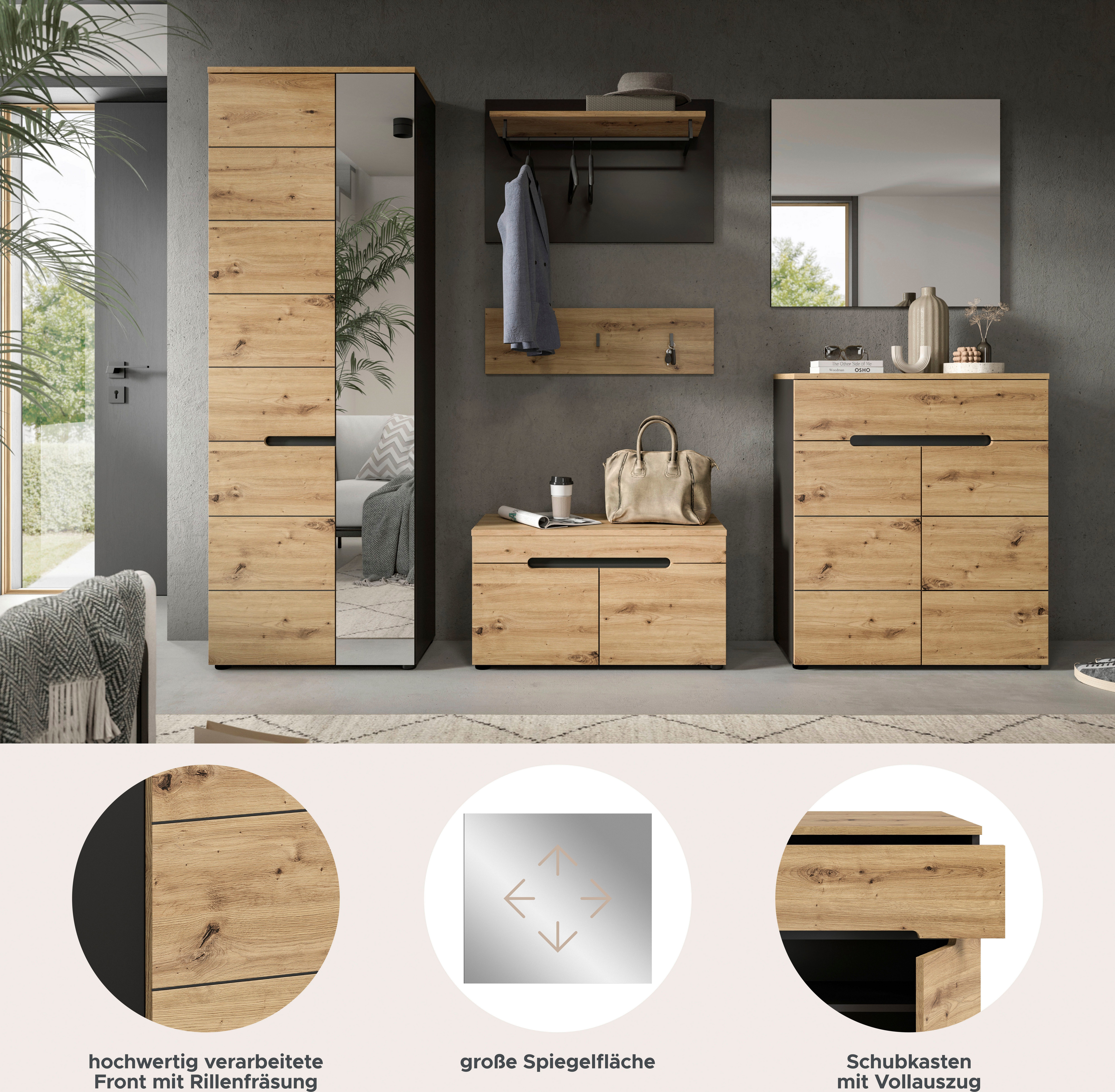 Home affaire Garderoben-Set Rehat, Garderobenkombination, Breite 255cm, (Set, 6-St., Garderobenschrank, Sitzbank, Paneel, Hakenleiste, Spiegel, Kommode), Garderobenkombination, Kombination, Set, Flurgarderobe, Diele