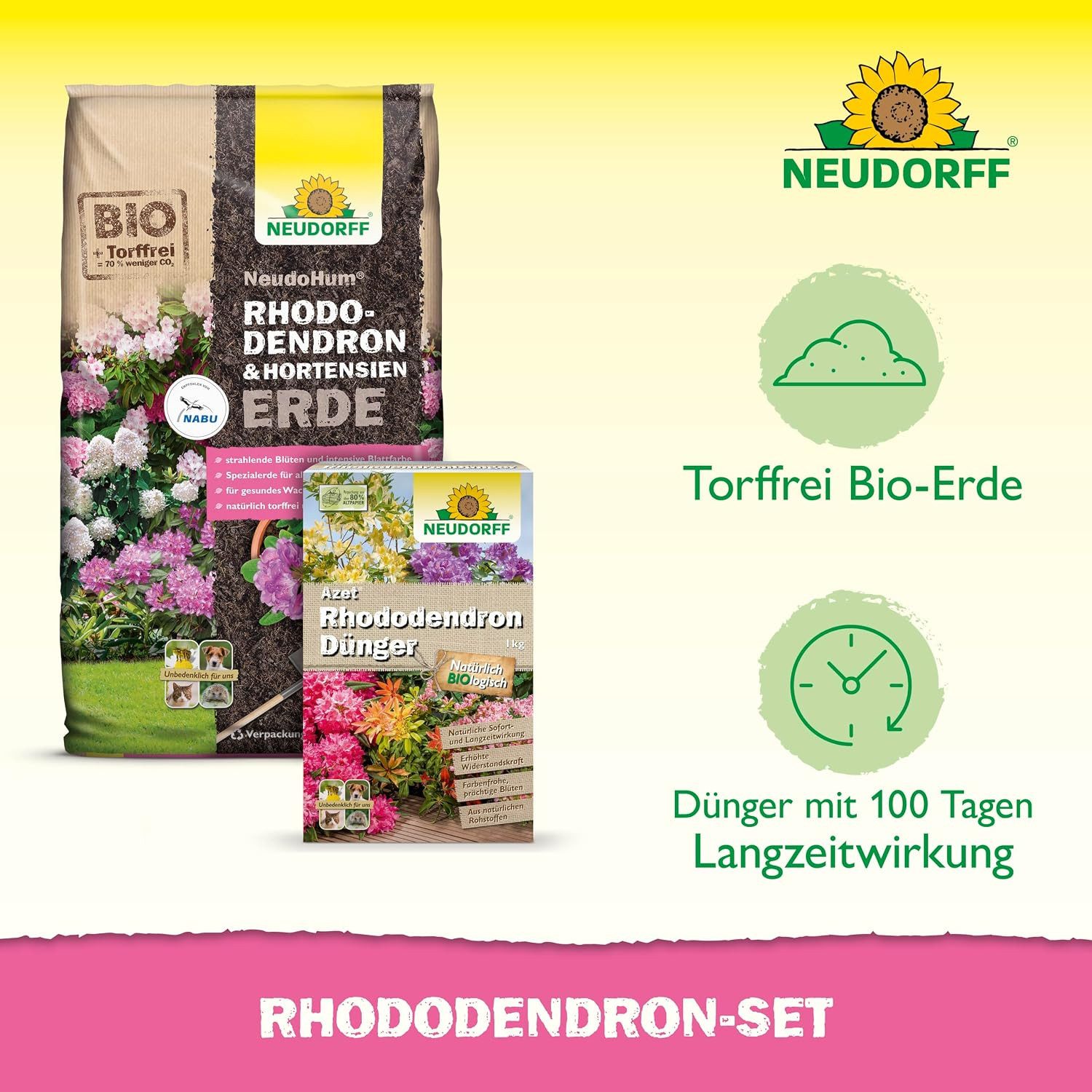 Neudorff Langzeitdünger Rhodo Set, 2-teiliges Set, 2-St., NeudoHum Rhodo- & HortensienErde + Azet Rhododendrondünger, Torffreie Spezialerde mit Rhododendrondünger im Komplett-Set