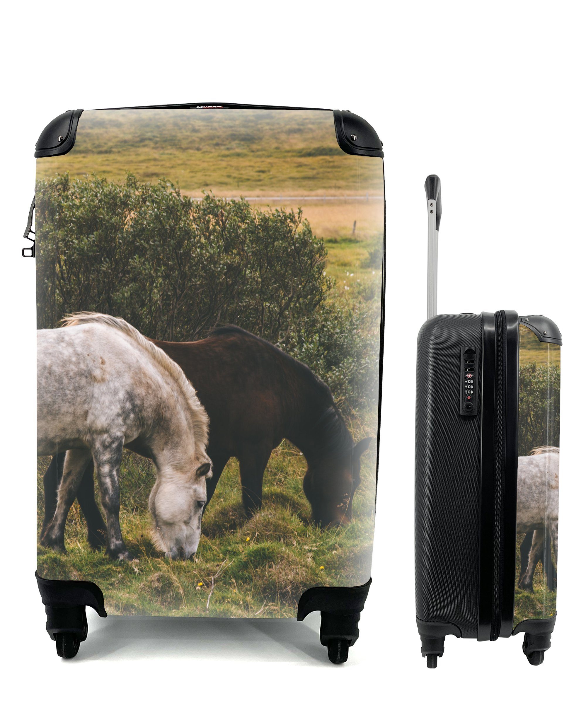 4 Handgepäck Reisekoffer - Ferien, Pferde Schwarz MuchoWow Trolley, - Island, Rollen, Reisetasche Handgepäckkoffer rollen, für mit
