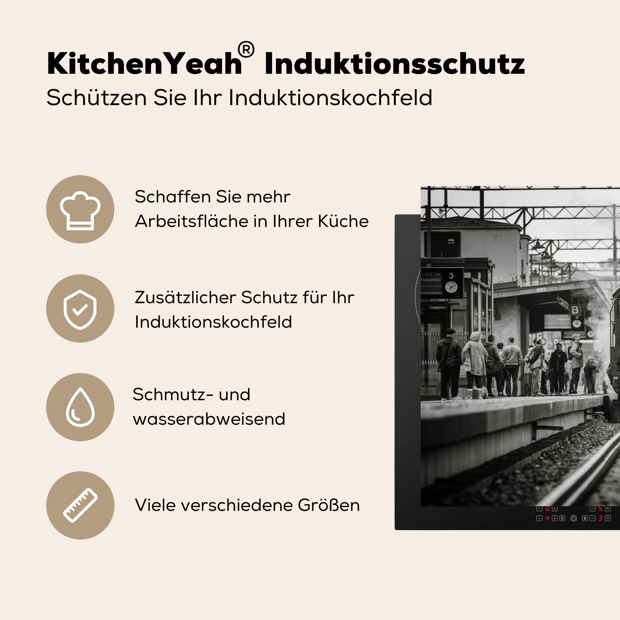 küche, für die 81x52 Schwarz-Weiß-Fotografie cm, Induktionskochfeld MuchoWow Schutz Bahnhof, Ceranfeldabdeckung tlg), Vinyl, Dampfzuges in einem (1 eines Herdblende-/Abdeckplatte