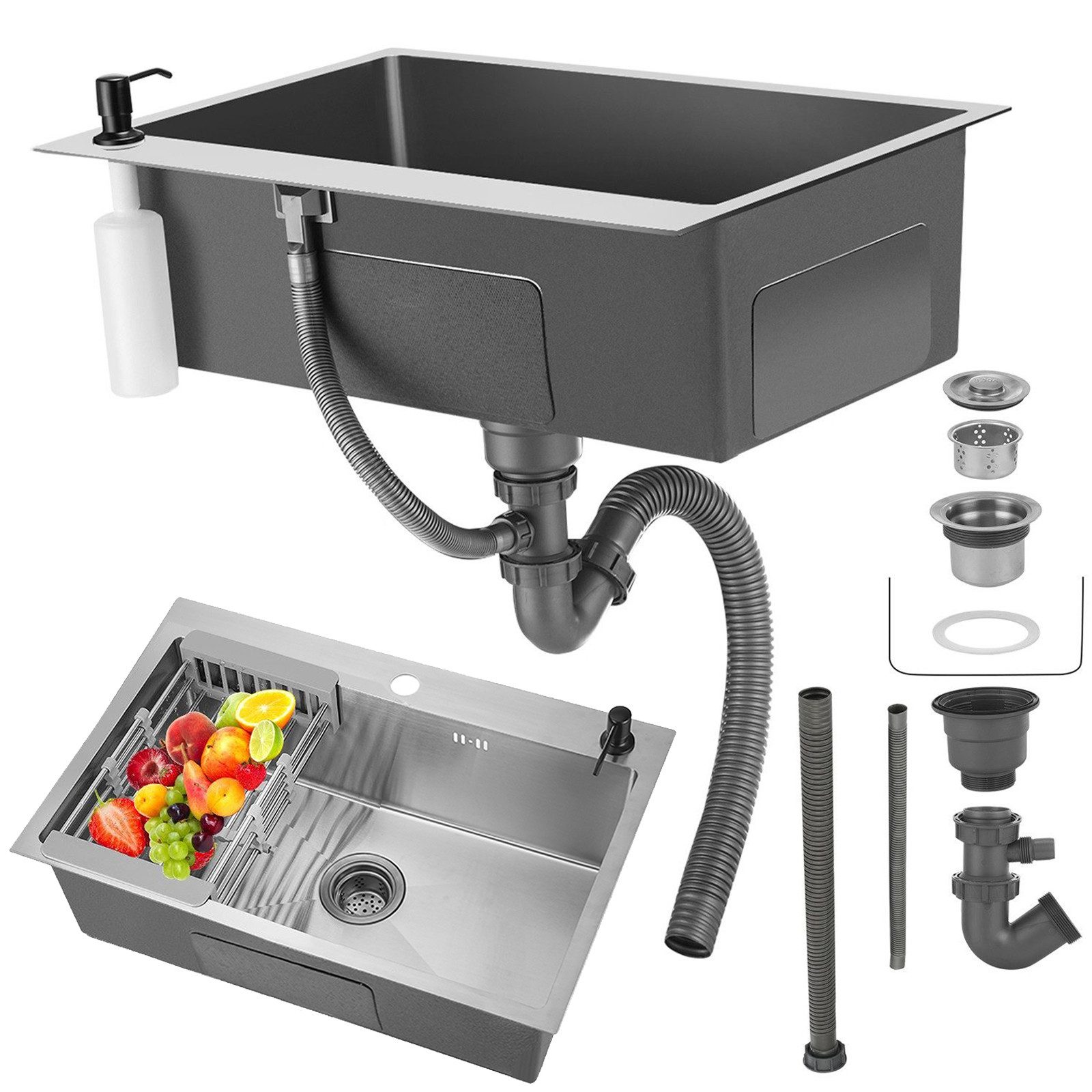 WILGOON Küchenspüle Edelstahl Einbauspüle Spülbecken mit Ausziehbar Küchenspüle, 68/45 cm, (Komplett-Set, 1 St., mit faltbarem Siebkorb, Seifenspender, Siphon Ab- und Überlaufgarnitur), Rechteck Spülbecken