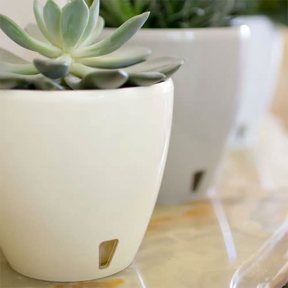 Happy plants Blumentopf Deco Twin - Selbstbewässerungstopf mit Wasserstandsüberwachung, Hochglanzoptik, rund, leichtgewichtig – Bild 5 von 5