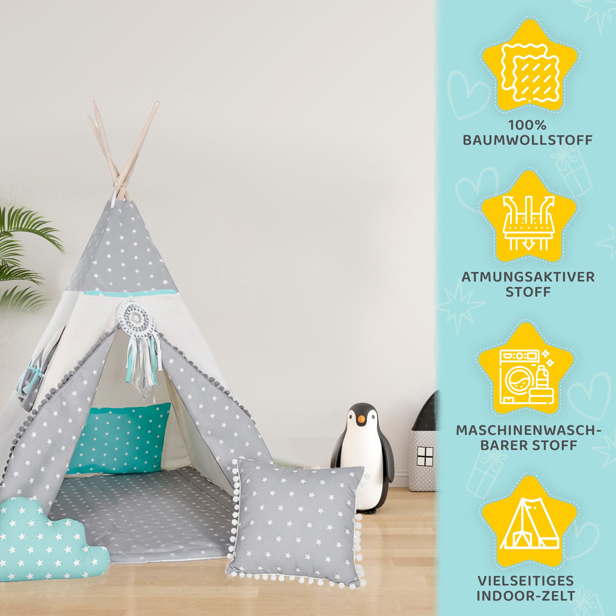 Rainbow Kids Tipi-Zelt Wolf Stern Grau, Personen: 2 (mit kleinem Zubehör, 4 tlg., mit 2 Kissen und Matte)