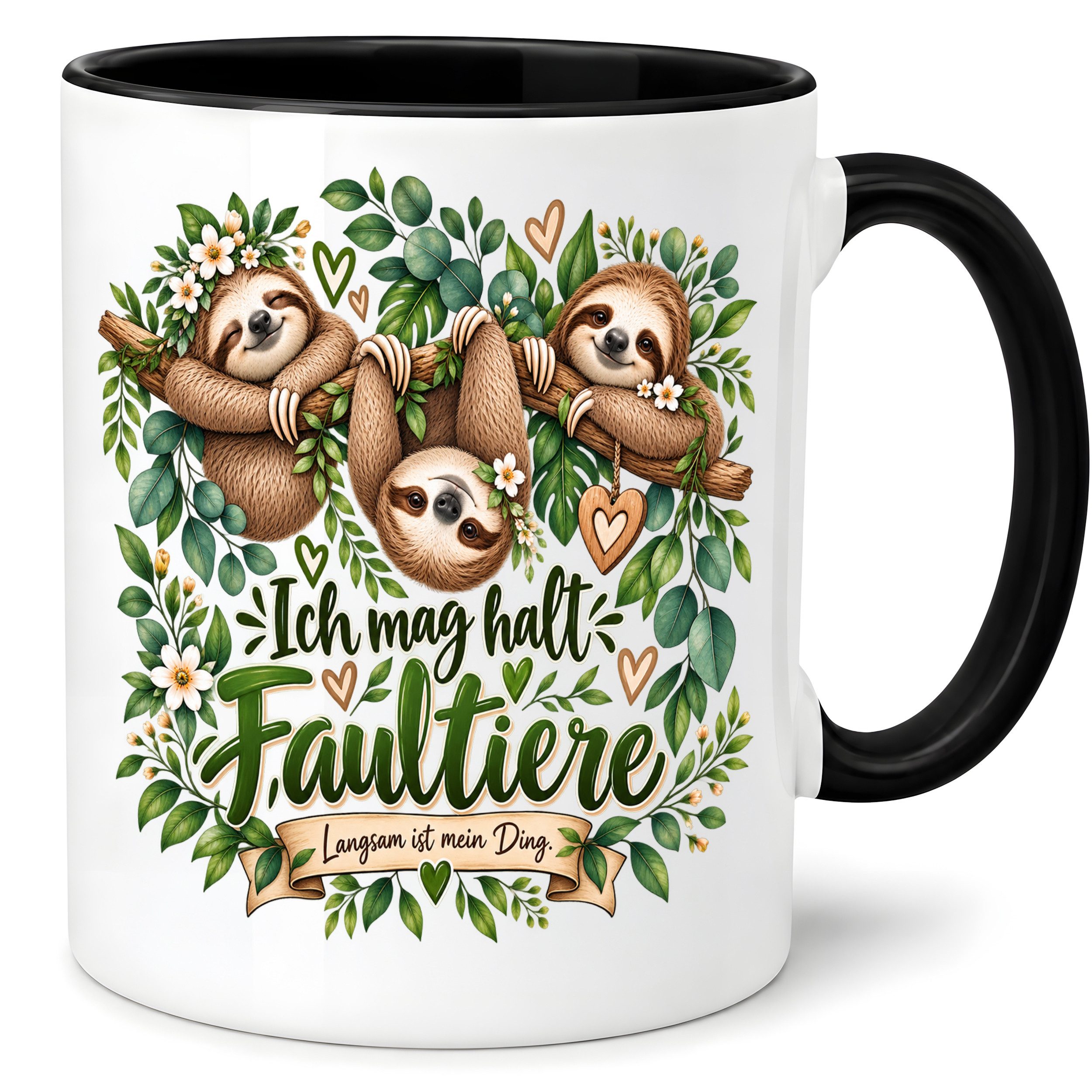 Herzbotschaft Tasse Faultier – Ich mag halt Faultiere – Geschenk für Fans - Farbwahl 330ml, mit Spruch, beidseitig bedruckt, spülmaschinenfest mikrowellengeeignet