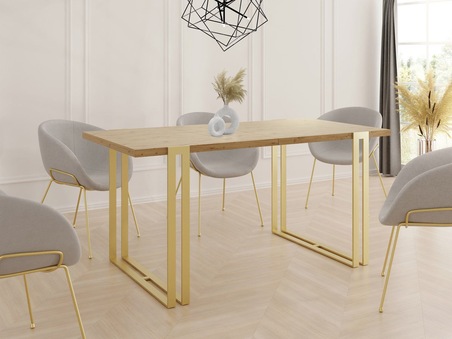 Marco im Eiche Esstisch WFL Artisan Ausziehbar Glamour GROUP mit Gold, Tisch Metallbeinen Loft-Stil