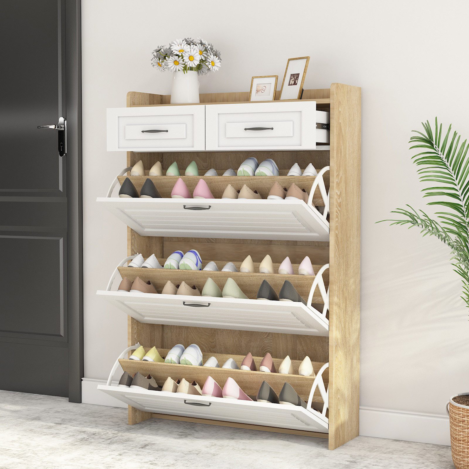KLAM HOME Schuhkommode Schuhkommode mit drehbarem Schuhschrank, B80/T23.5/H125 cm, Schuhschrank mit 3 großen Klappen und 2 Schubladen