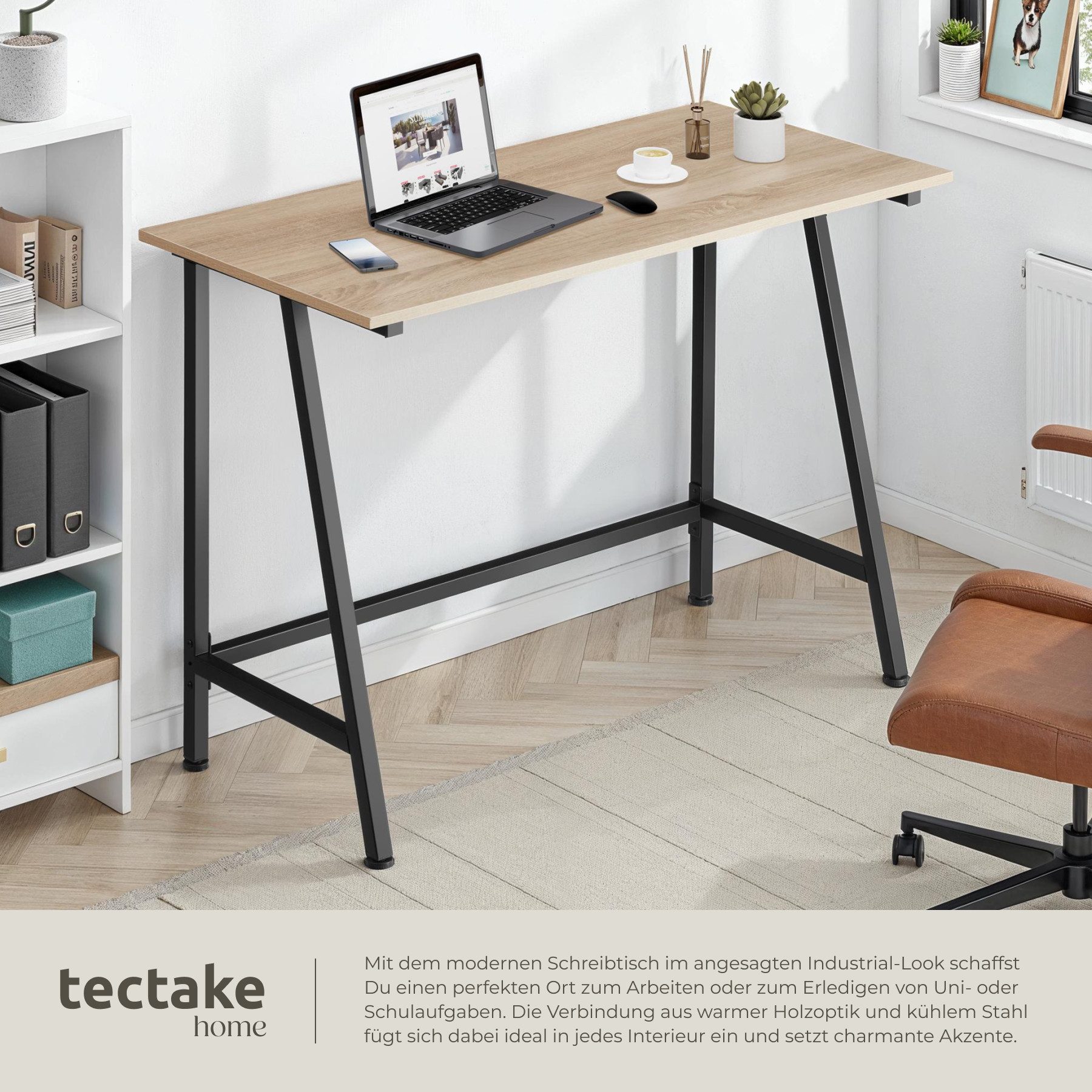 tectake Schreibtisch Computertisch aus Holz und Stahl, 100 x 50 x 77 cm (Arbeitstisch Newton, 1-St., in Industrial Holz hell, Eiche Sonoma), trapezförmiges Gest – Bild 4 von 5