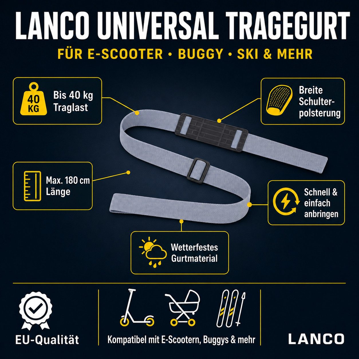 LANCO Automotive Tragegurt Universal Tragegurt für E-Scooter, E-Roller, Ski, Kinderbuggy, Bis 40kg Traglast, max. 180cm, verstellbar, leicht