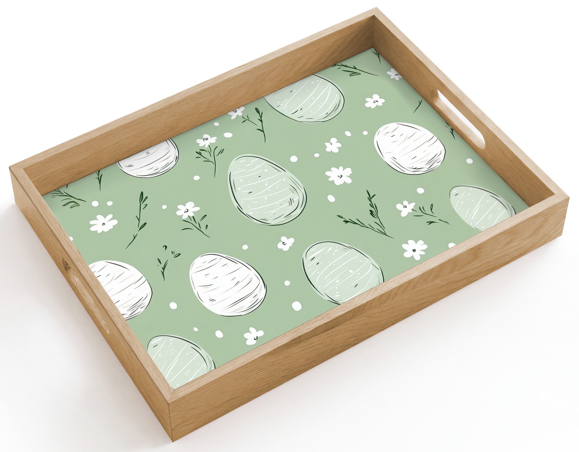 OnlyWow Tablett Rechteckig mit Henkel Grün - Eier - Muster, Eichenholz, (1-tlg), Siervierplatte, Tray, Frühstücksbrett