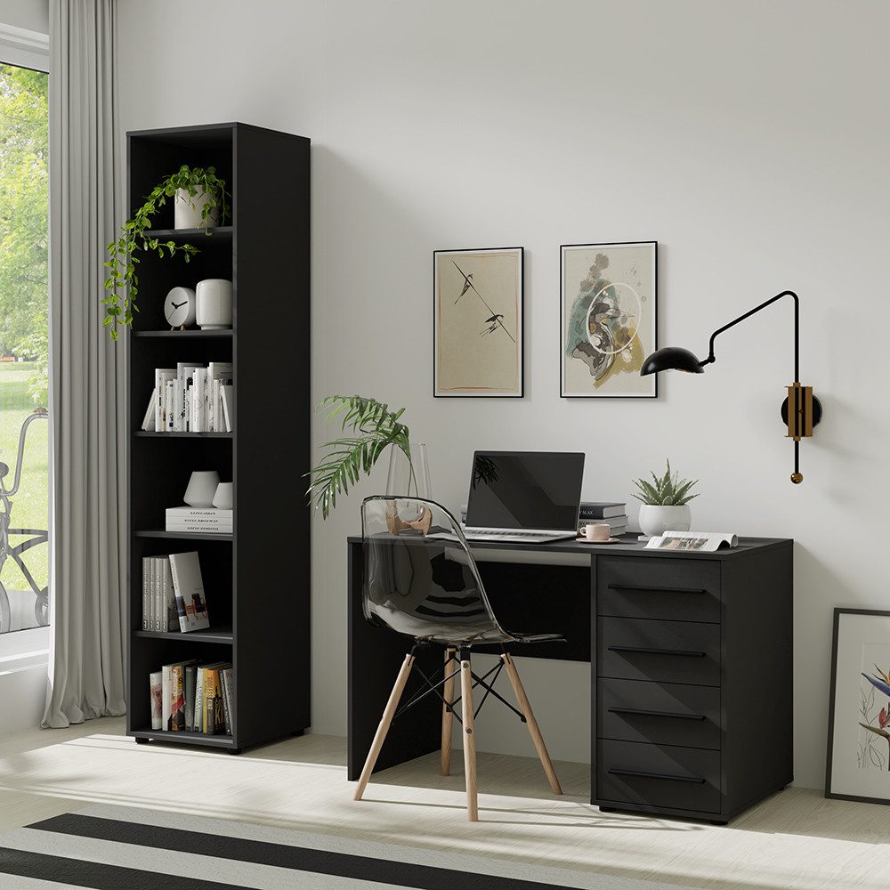 Lomadox Büromöbel-Set MOLLERUSA-132, (Spar-Set, 2-tlg., Regal Schreibtisch), in schwarz matt mit schwarzen Griffen