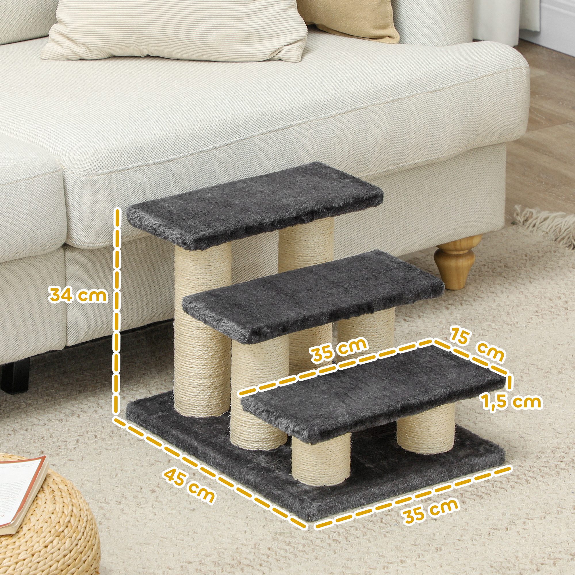 PawHut Haustiertreppe Hundetreppe 3 Stufen 34 cm Hoch (Hunderampe, 1-St., Katzentreppe), Einstiegshilfe für Bett, Sofa, Couch Dunkelgrau