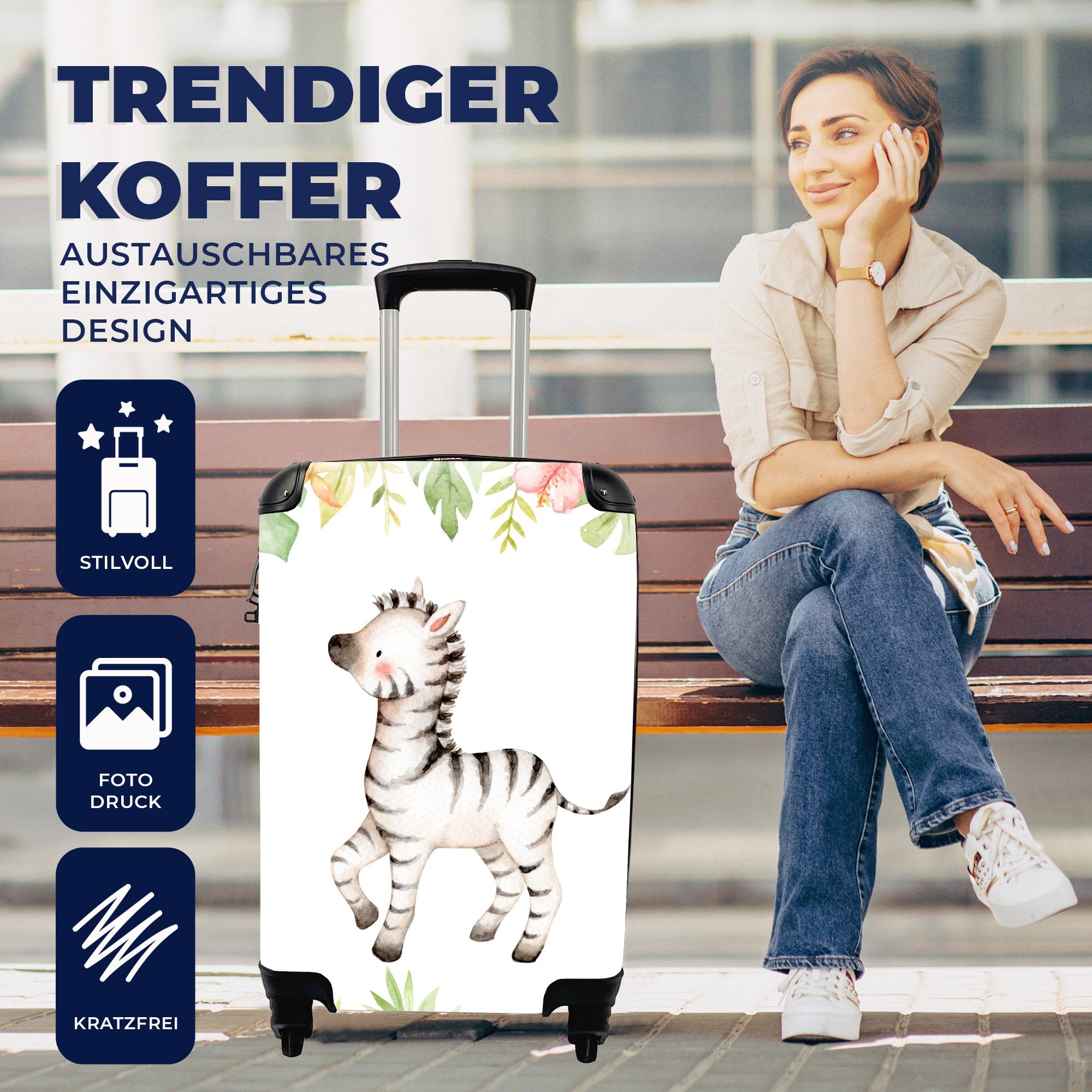 Handgepäckkoffer rollen, für mit Ferien, Zebra - 4 Dschungel Reisekoffer - Rollen, MuchoWow Pflanzen, Blumen - Trolley, Reisetasche Handgepäck