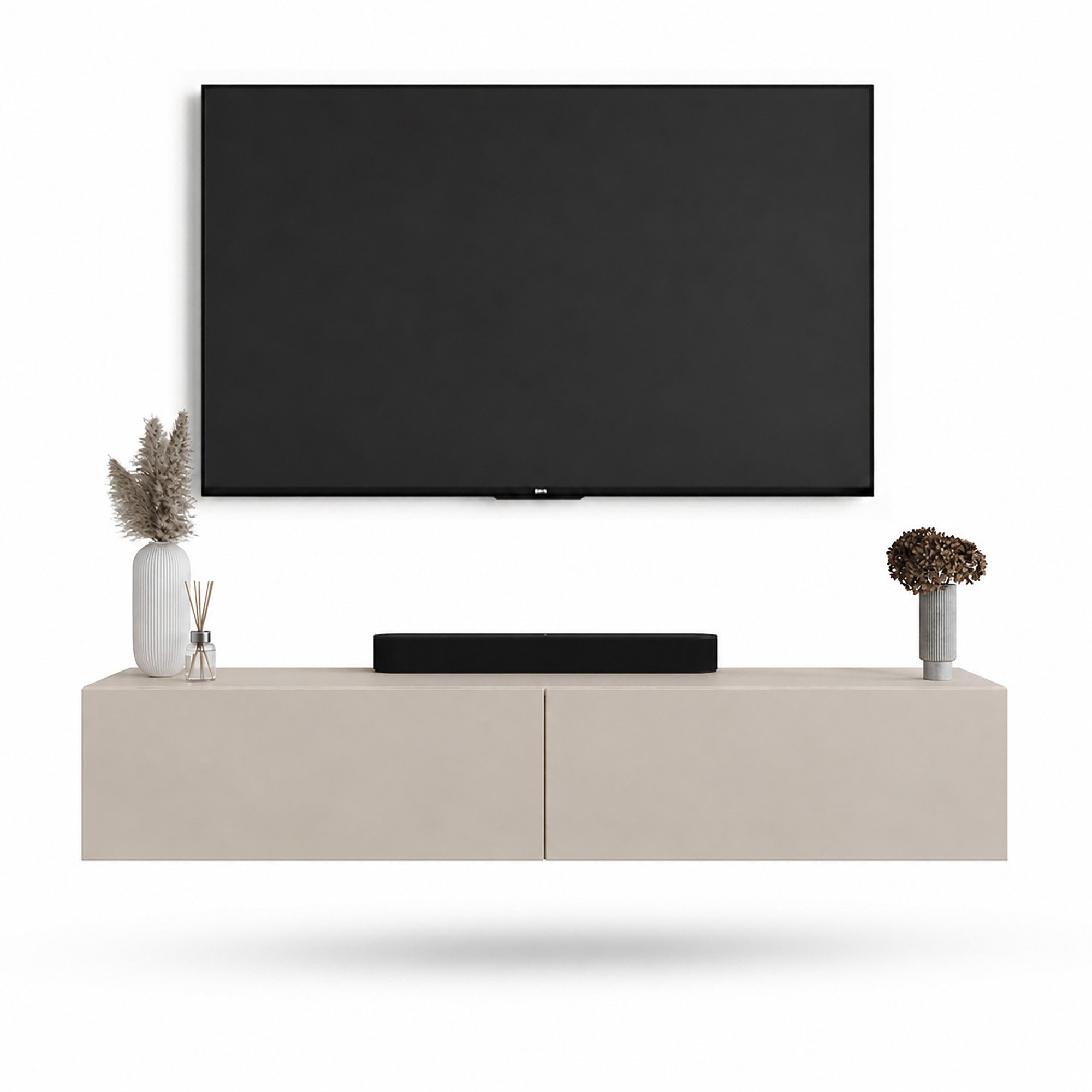 Planetmöbel TV-Schrank West TV-Board, Fernsehtisch 160 cm lang, TV-Lowboard (für Fernseher bis 75 Zoll, TV Schrank viel Stauraum, sideboard hängend, Fernsehschrank 160 x 30 x 37,5 cm) kaschmir
