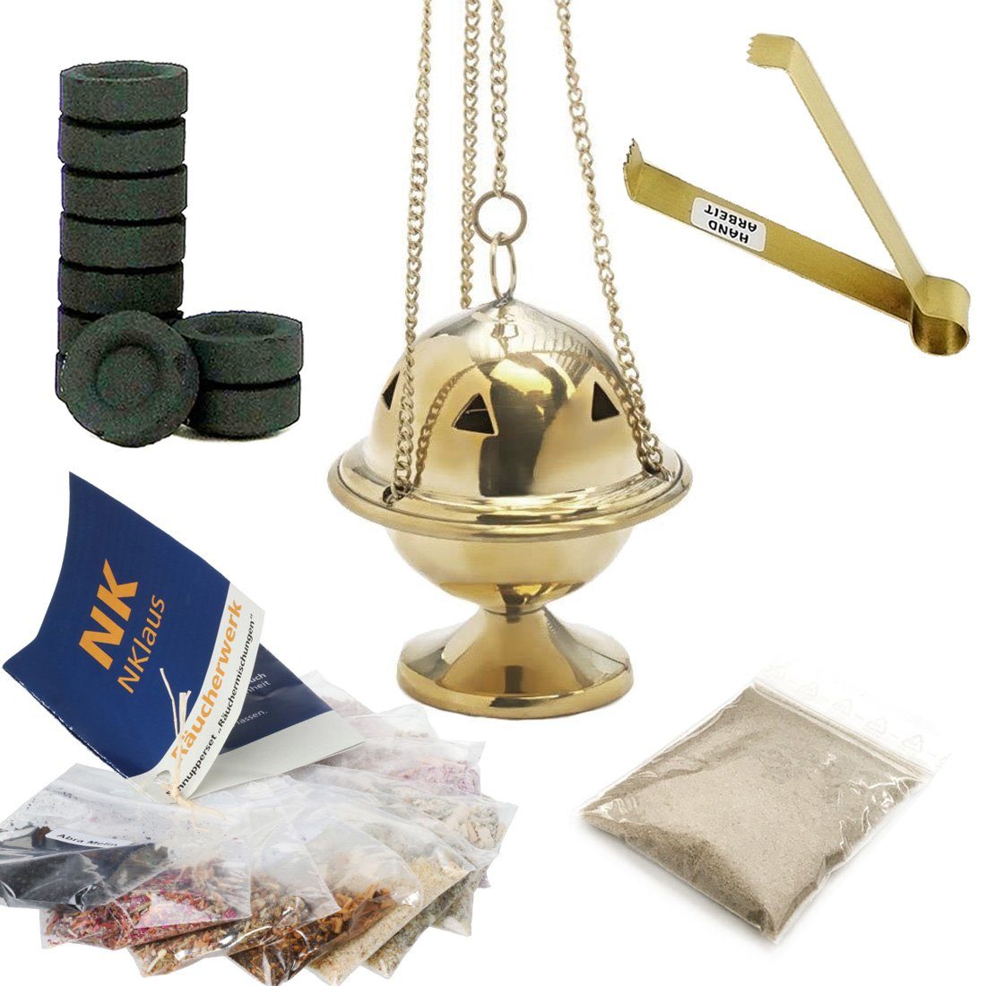 NKlaus Räucherschale Starterpaket Weihrauchschwenker Set 14tlg mit Räuchermischungen Weihra, Räucherstövchen