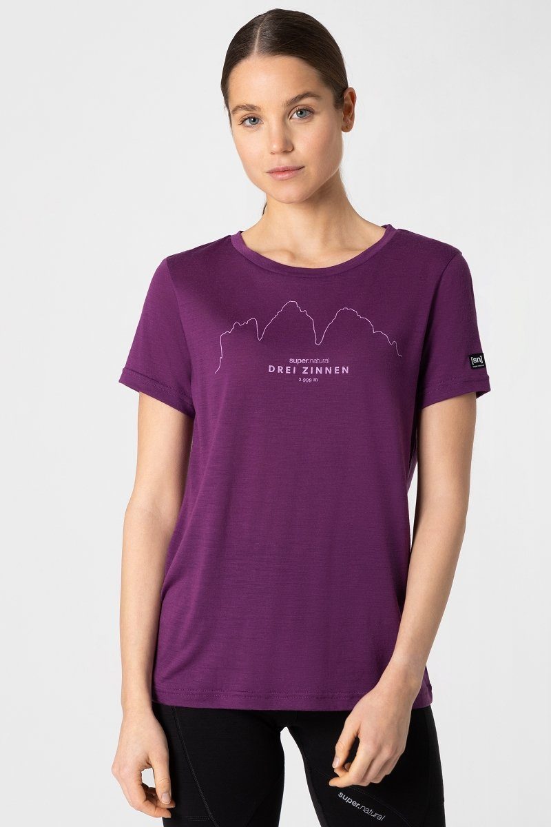 SUPER.NATURAL Print-Shirt Merino T-Shirt W DREI ZINNEN TEE genialer Merion-Materialmix Purple Passion/Fairytale