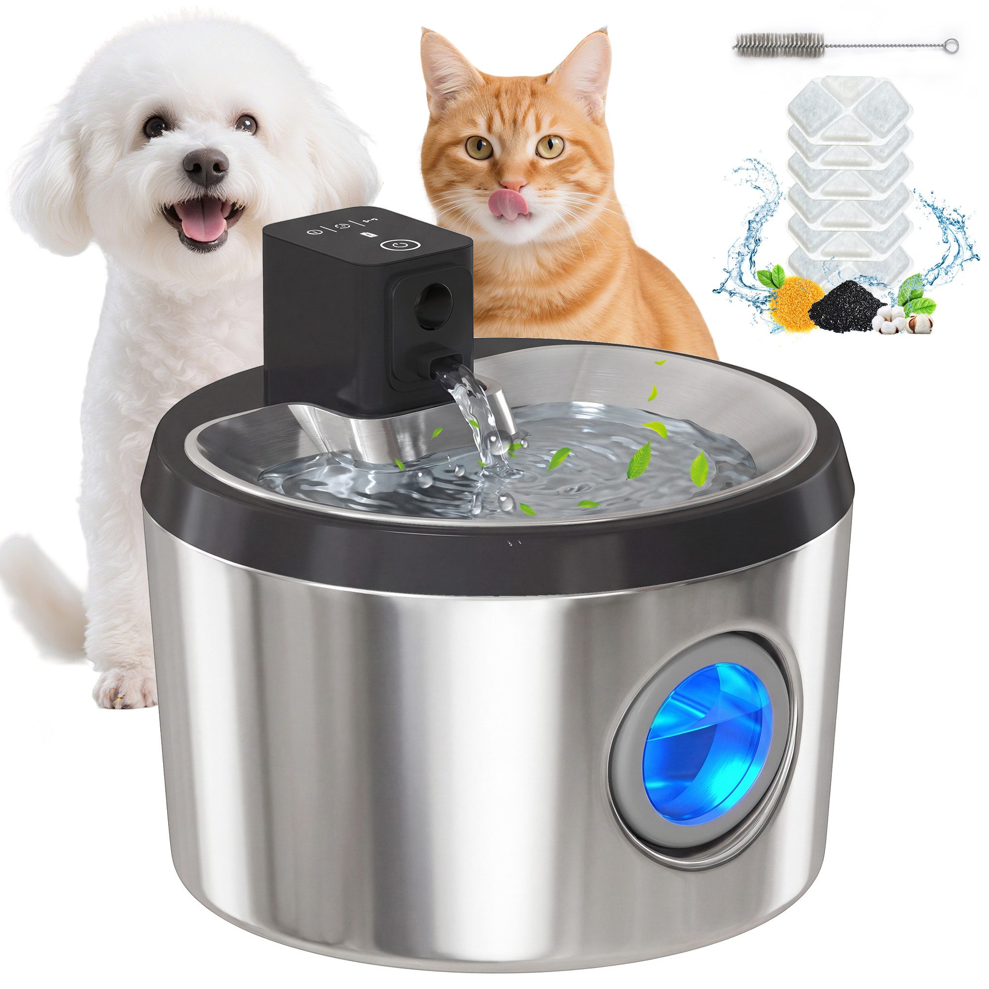 PawHut Trinkbrunnen Kabellos Edelstahl Katzenbrunnen mit Bewegungsmelder 6 Filtern 4 l, Ultra-leise Batteriebetrieben Wasserbrunnen für 30 Tage Silber