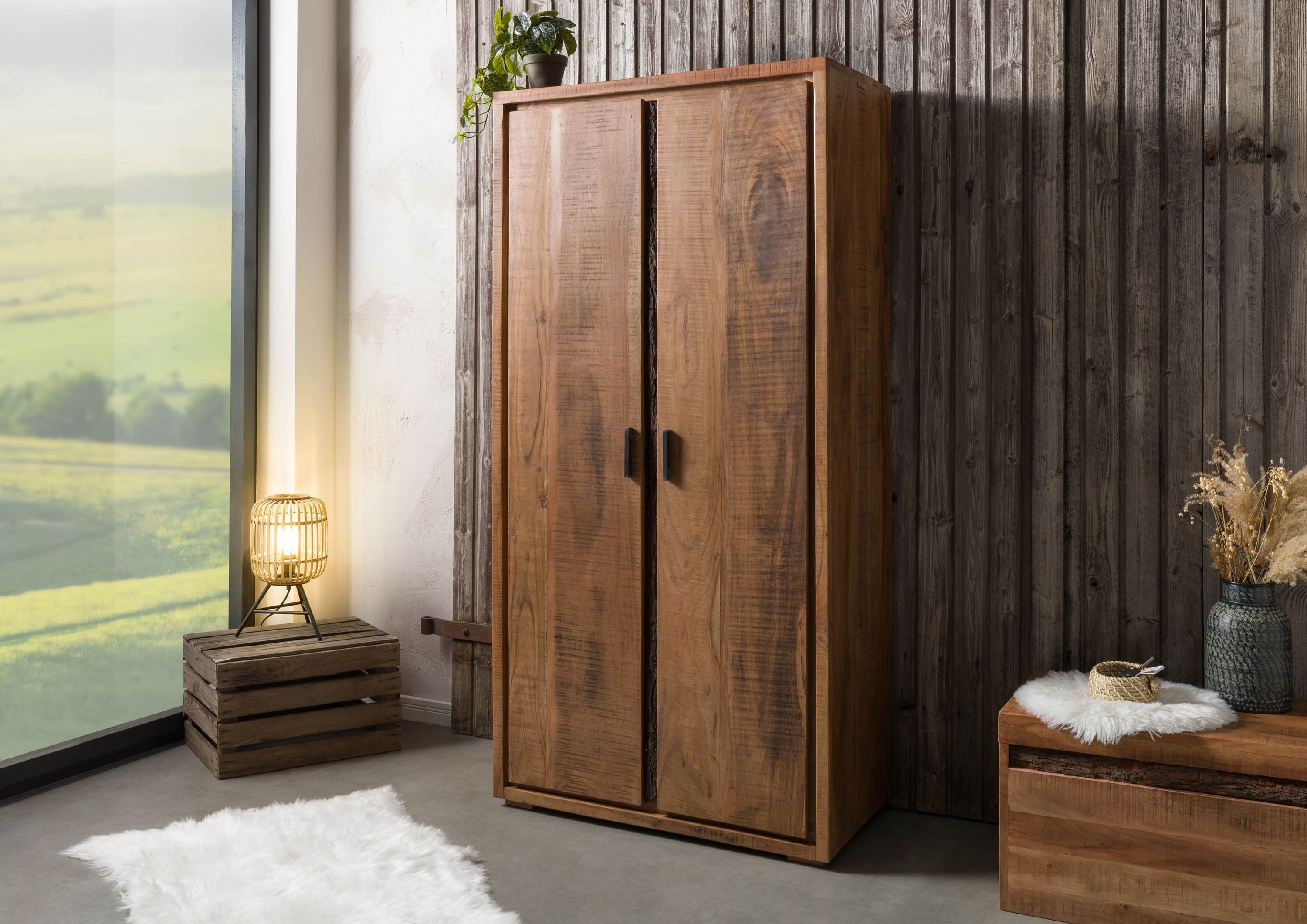 Massivmoebel24 Garderobenschrank BARK (Akazie 88x45x180 natur lackiert BARK #118) Akazie 88x45x180 natur lackiert BARK #118