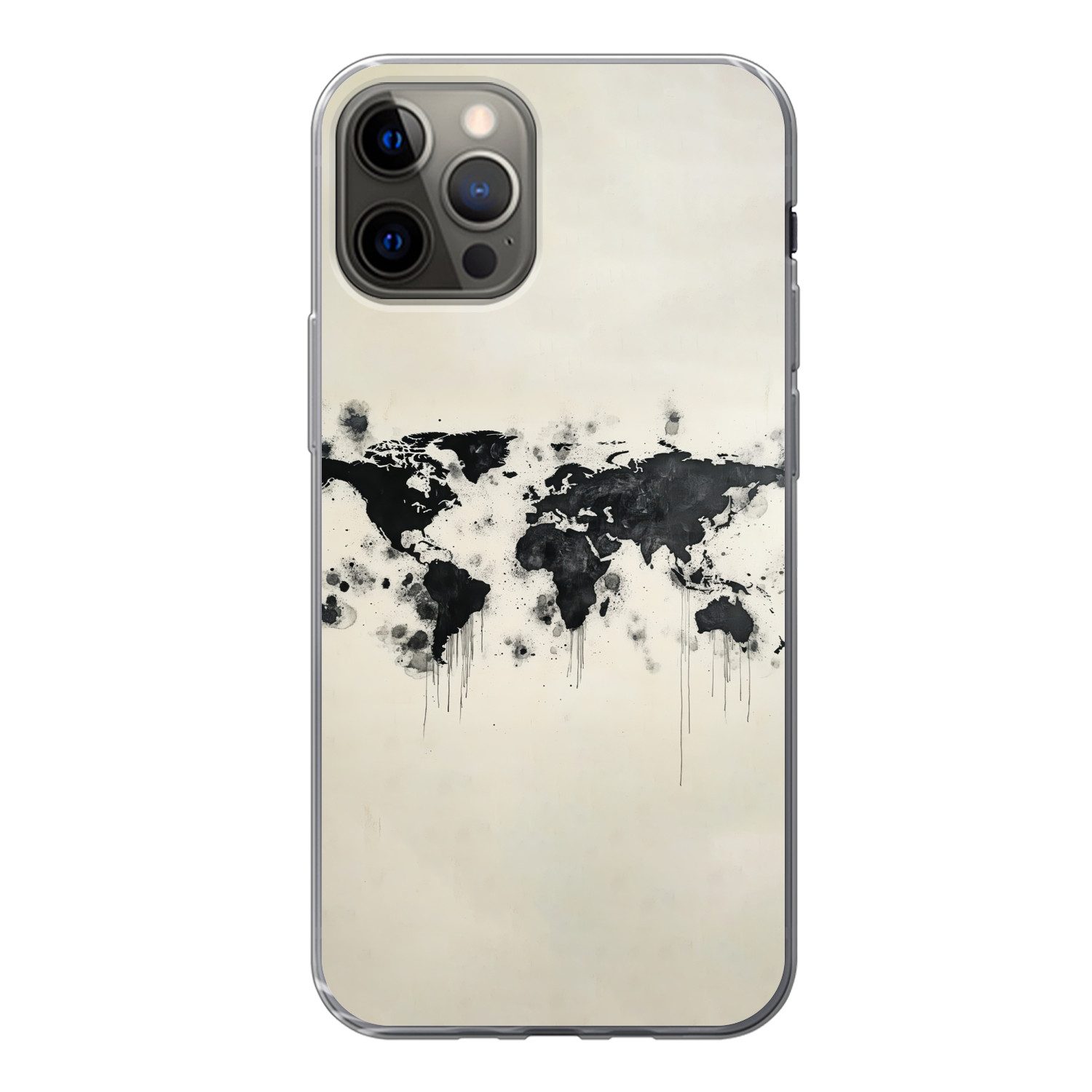 MuchoWow Handyhülle für Apple iPhone 12 Pro Weltkarte - Schwarz - Tinte, Smartphone-Bumper, Print, Handy Schutzhülle Dünn